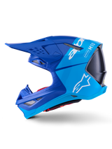 Alpinestars Supertech M10 Flood Helmet, Motocross Helmet, Metallic and Medium Blue with Black Carbon, side profile view showing matte and glossy finishes, white Alpinestars logo and Supertech M10 branding, advanced off-road racing head protection