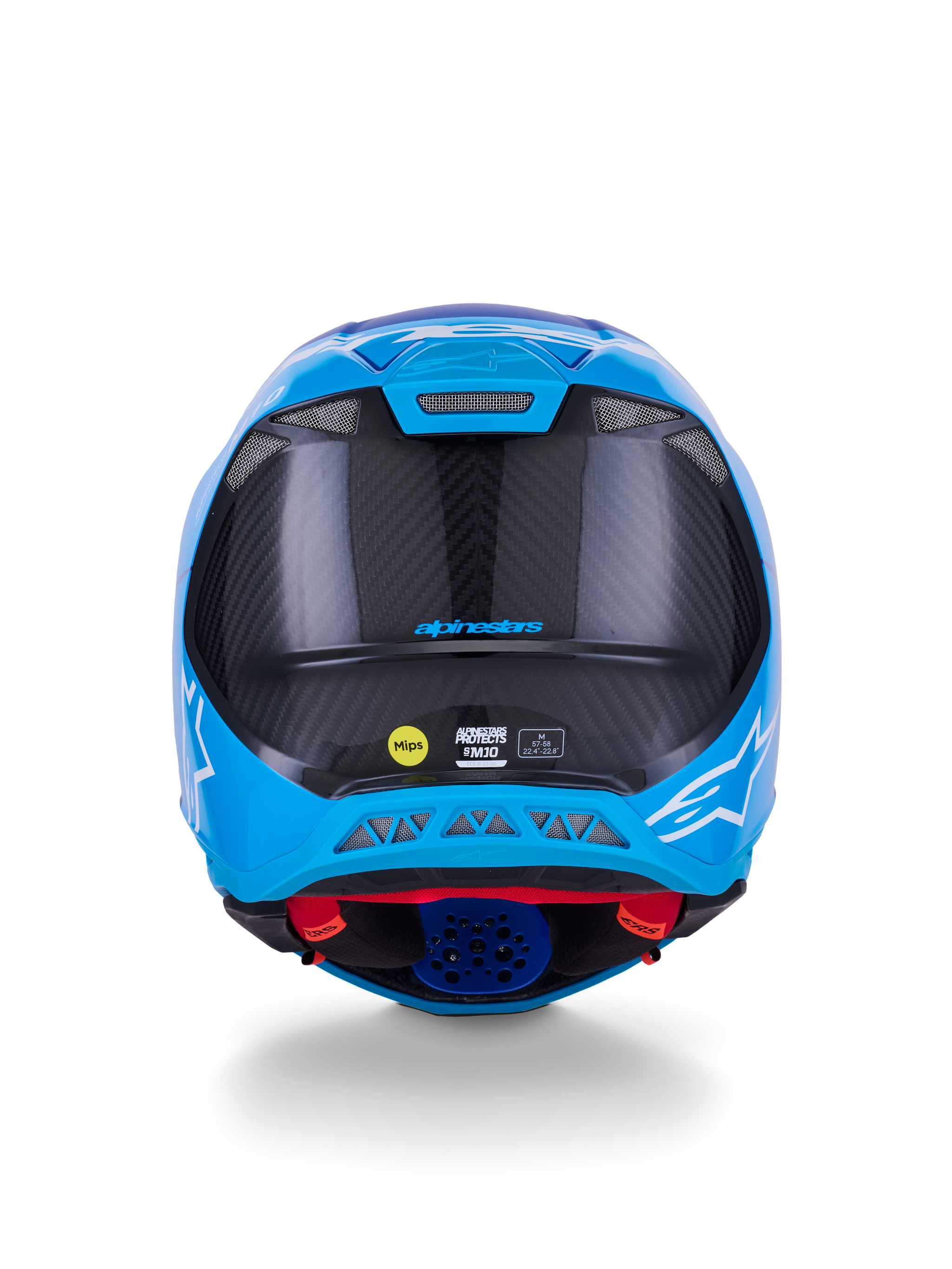 Alpinestars Supertech M10 Flood Helmet, Motocross Helmet, Metallic Blue and Medium Blue with Black Carbon Fiber, rear view showing 3K carbon texture, white star logos, MIPS sticker, and exhaust ventilation ports