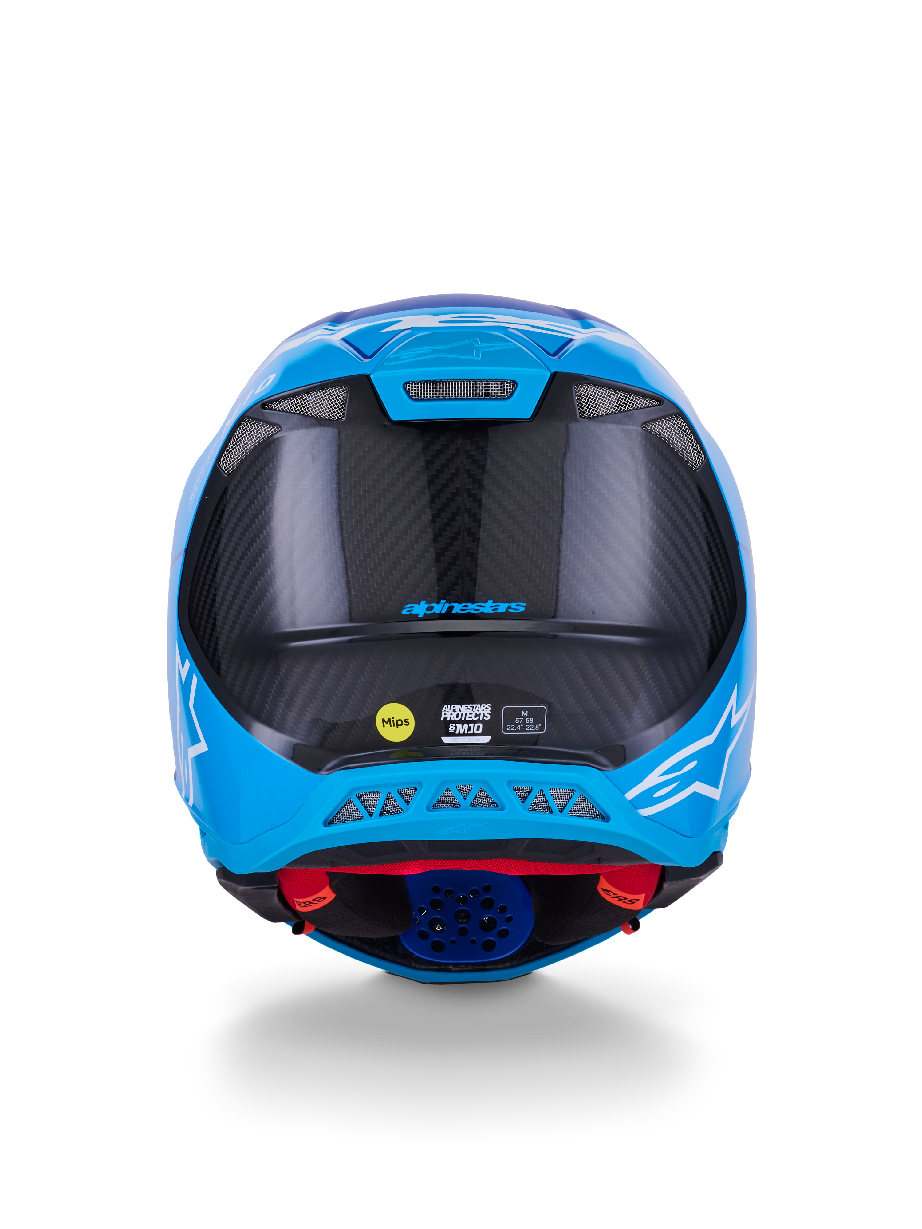 Alpinestars Supertech M10 Flood Helmet, Motocross Helmet, Metallic Blue and Medium Blue with Black Carbon Fiber, rear view showing 3K carbon texture, white star logos, MIPS sticker, and exhaust ventilation ports