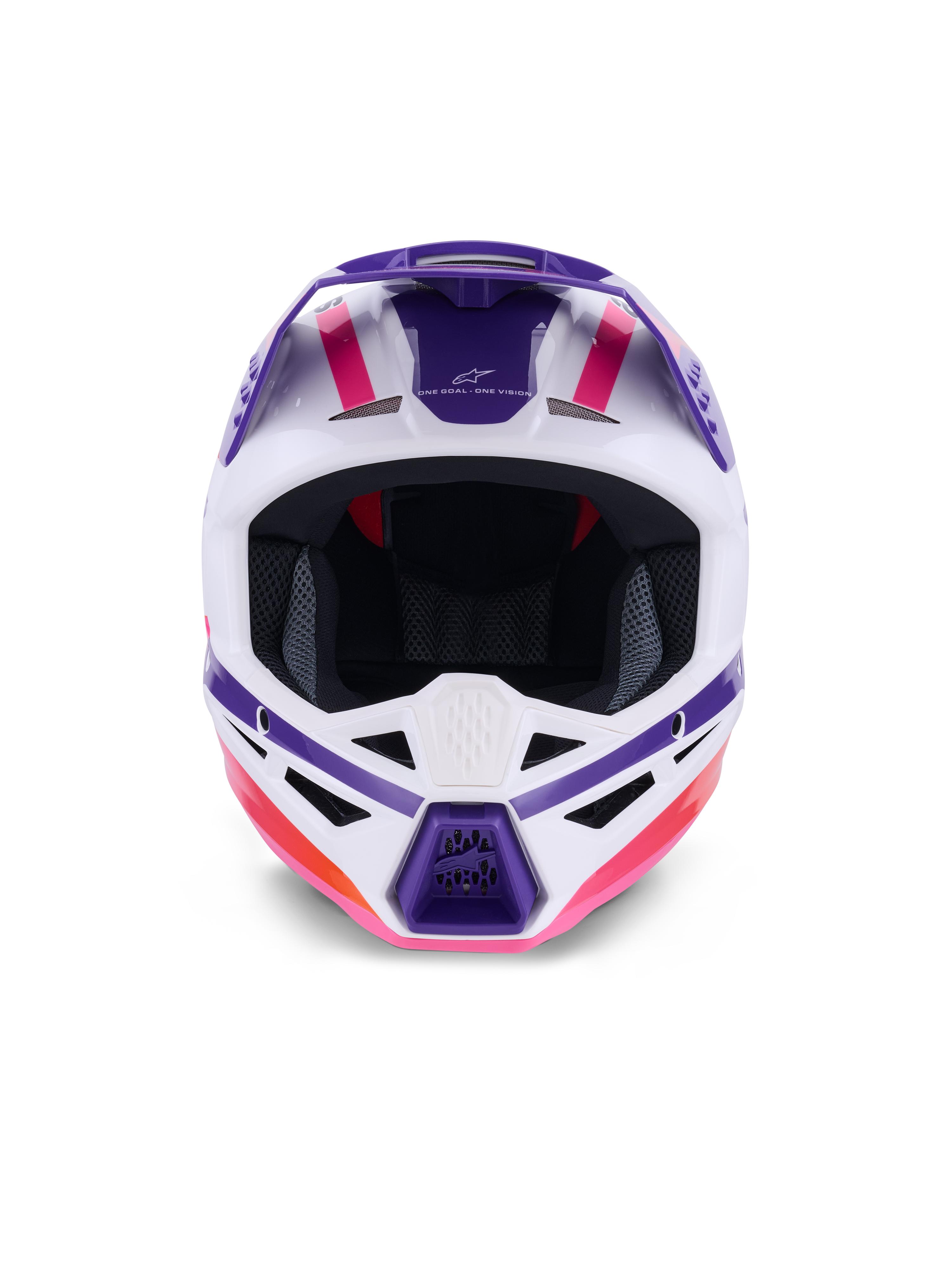 Alpinestars S-M3 Heat Helmet ECE 22.06, Motocross Helmet, White Purple and Pink Glossy, front view showing ventilation ports and bold geometric graphics, professional off-road racing head protection