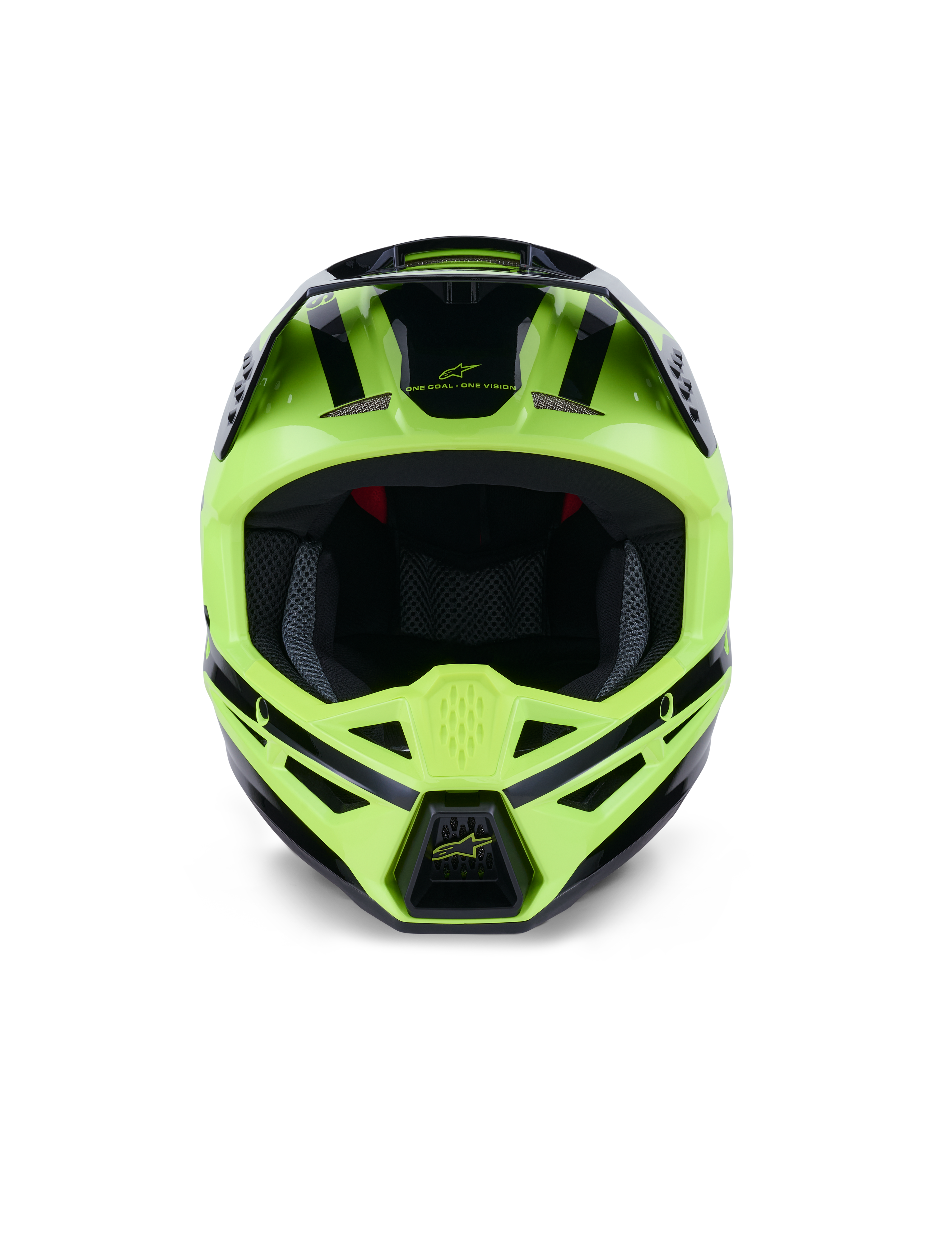 Alpinestars S-M3 Heat Helmet, front view, Yellow Fluo and Black Glossy, professional motocross and off-road helmet, featuring ventilated chin bar and sleek aerodynamic design with black accents.