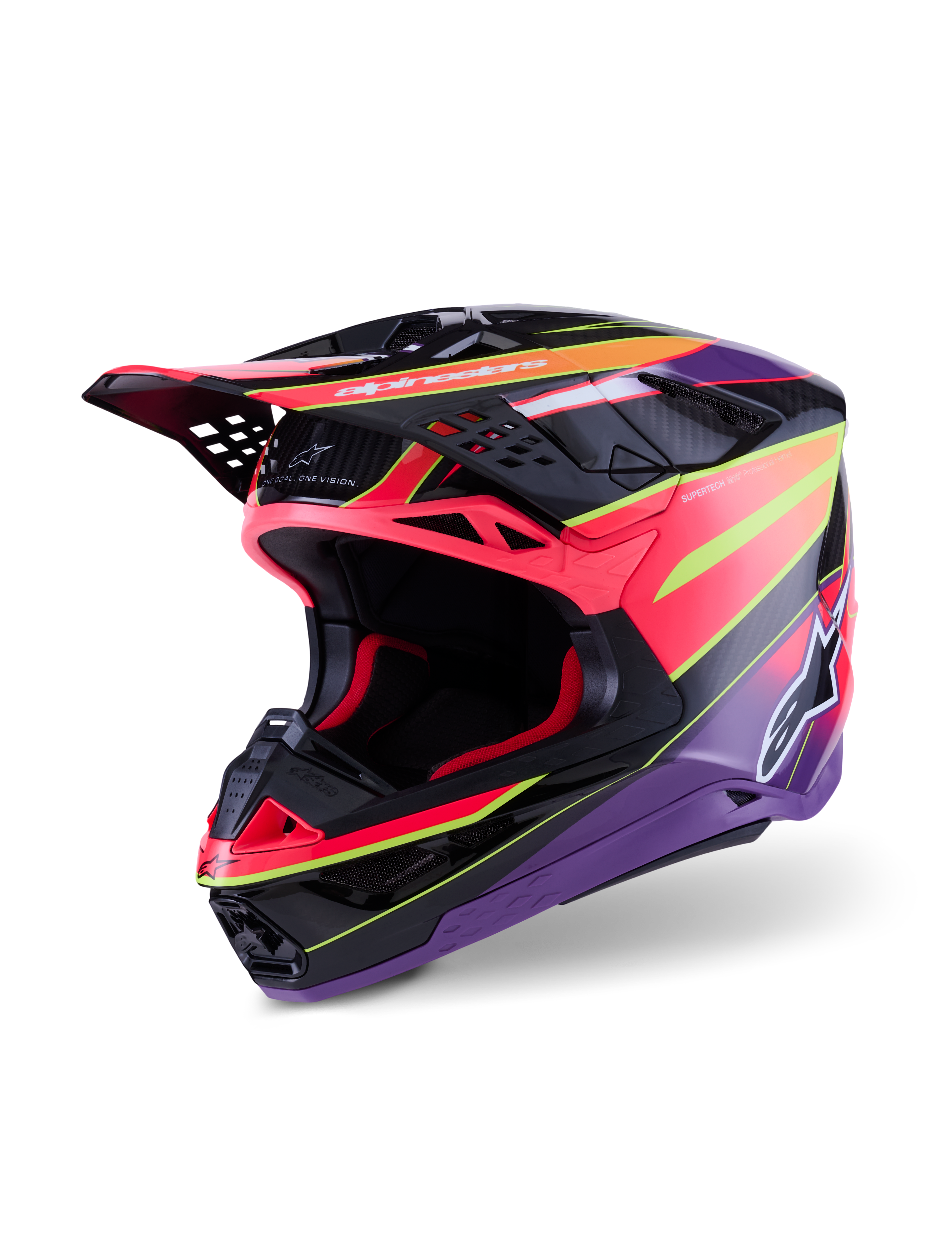 Alpinestars Supertech M10 Era Helmet, Motocross Helmet, Pink Violet and Yellow Fluo Glossy, featuring a multi-composite carbon shell, aerodynamic design with 28 ventilation ports, glossy finish with vibrant graphics and Alpinestars branding, professional off-road racing gear