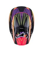 Alpinestars Supertech M10 Era Helmet ECE 22.06, Motocross Helmet, Pink Violet and Yellow Fluo Glossy, top view showing high-density carbon shell with glossy finish, vibrant geometric patterns, integrated ventilation ports, and signature Alpinestars logo