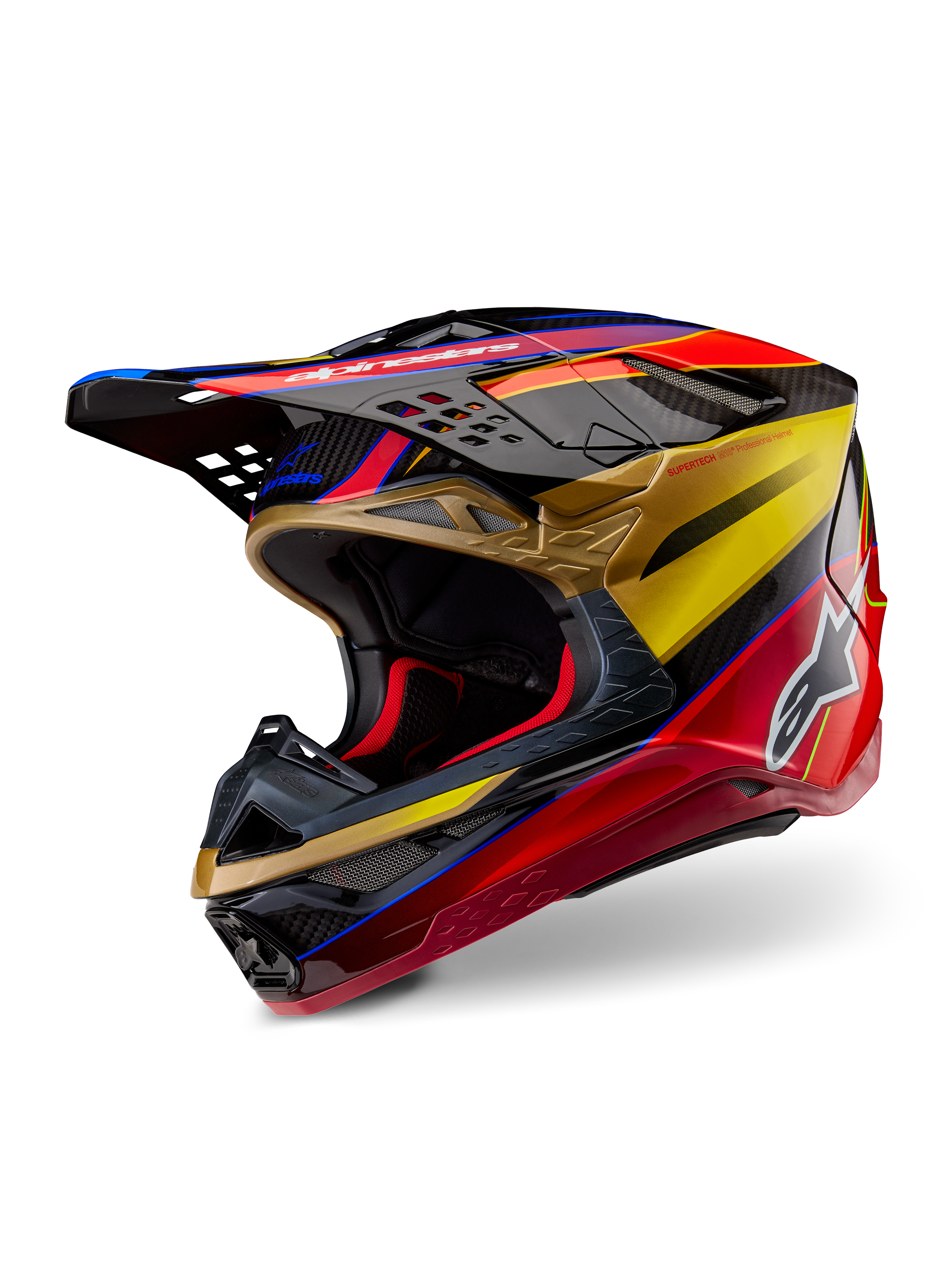 Alpinestars Supertech M10 Era Helmet, Motocross Helmet, Gold Yellow Rio Red Glossy, sleek aerodynamic carbon fiber shell with vibrant red and gold graphics, featuring multiple intake and exhaust ports, white Alpinestars logo, and glossy finish