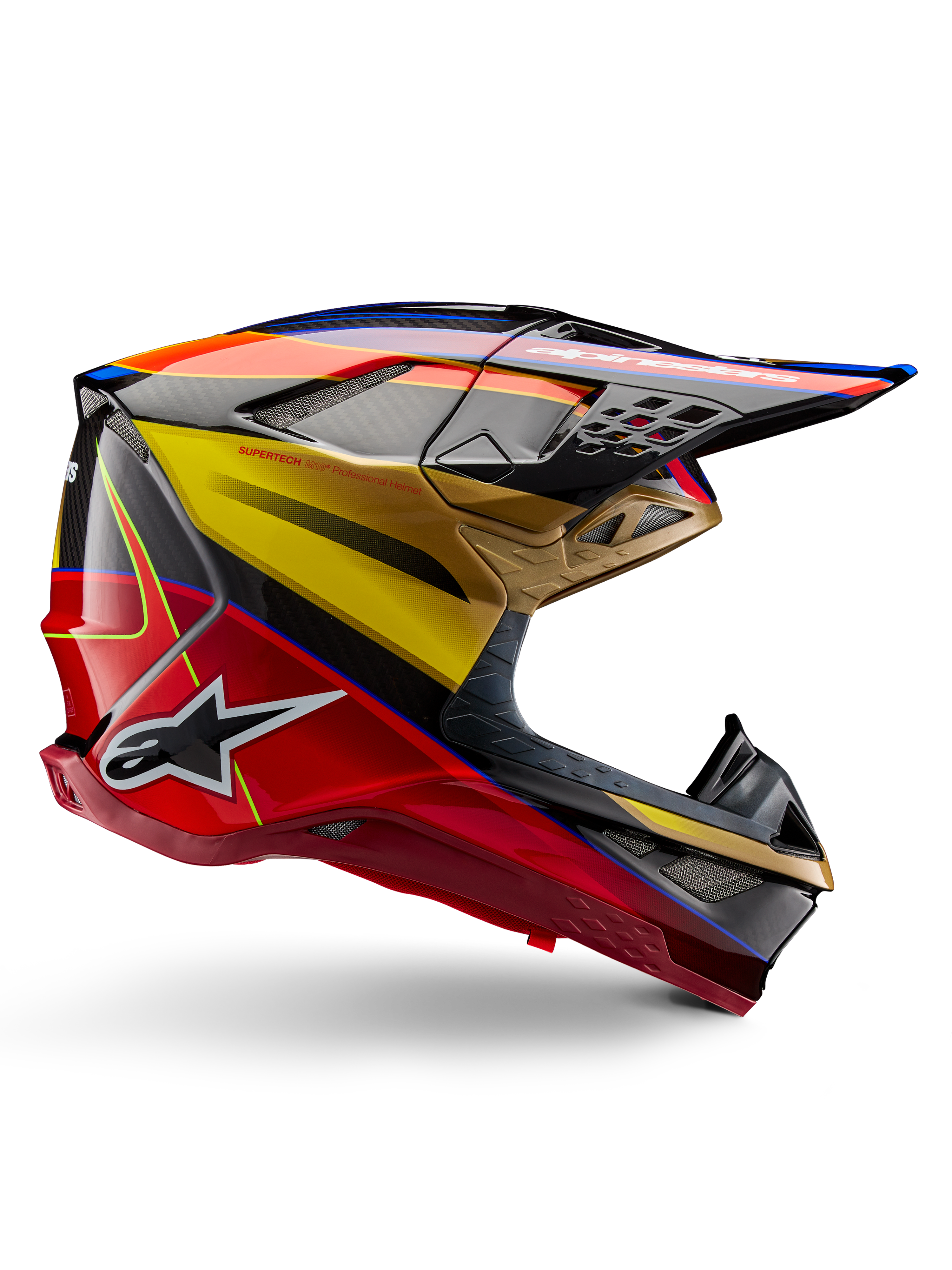 Alpinestars Supertech M10 Era Helmet, Motocross Racing Helmet, Gold Yellow and Rio Red Glossy with Blue and Black accents, aerodynamic design with integrated visor, multiple mesh-covered ventilation ports, and carbon fiber details, ECE 22.06 certified