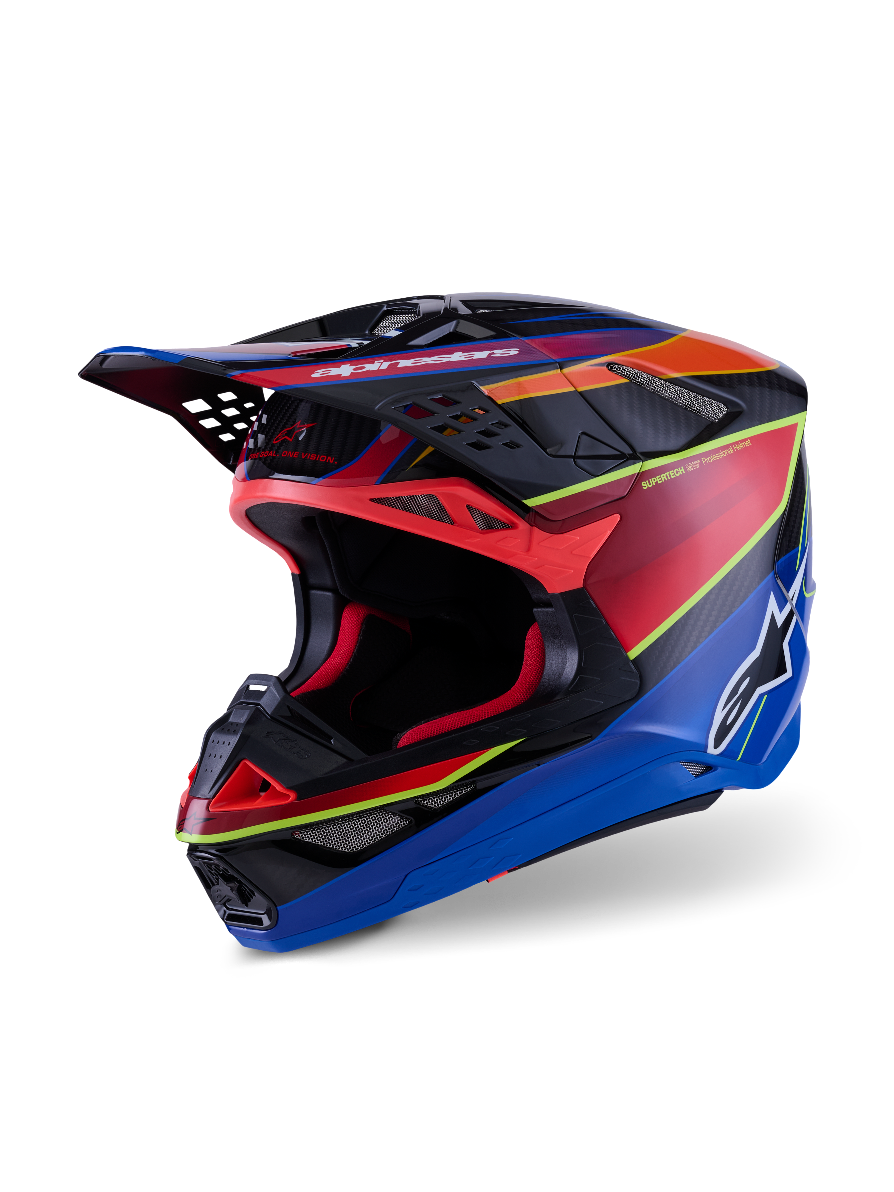 Alpinestars Supertech M10 Era Helmet, Motocross Helmet, Blue Red and Yellow Fluo Glossy, professional multi-composite carbon shell design with advanced ventilation ports and aerodynamic visor for off-road racing.