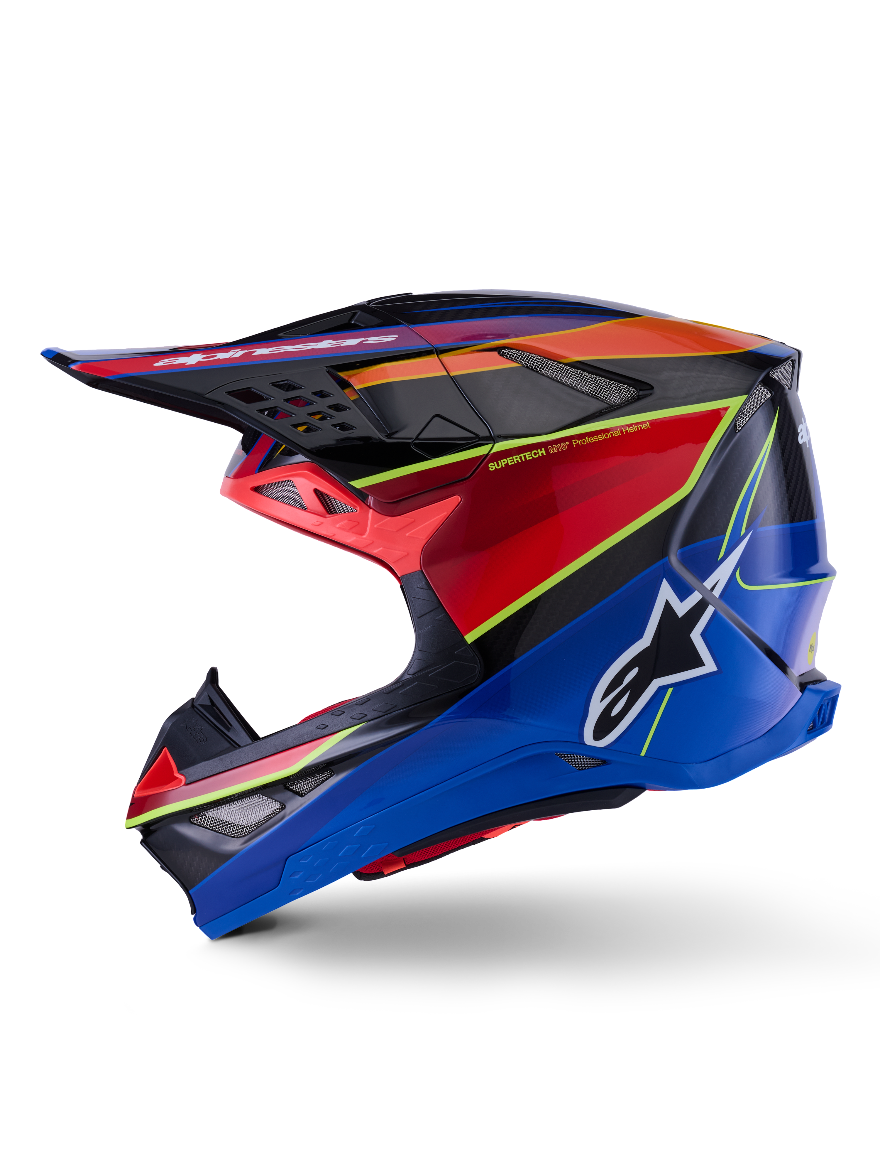 Alpinestars Supertech M10 Era Helmet, Motocross Helmet, Blue Red and Yellow Fluo Glossy, side profile view featuring an aerodynamic carbon fiber shell, bold Alpinestars logo on the side, and multiple ventilation ports, professional off-road racing gear