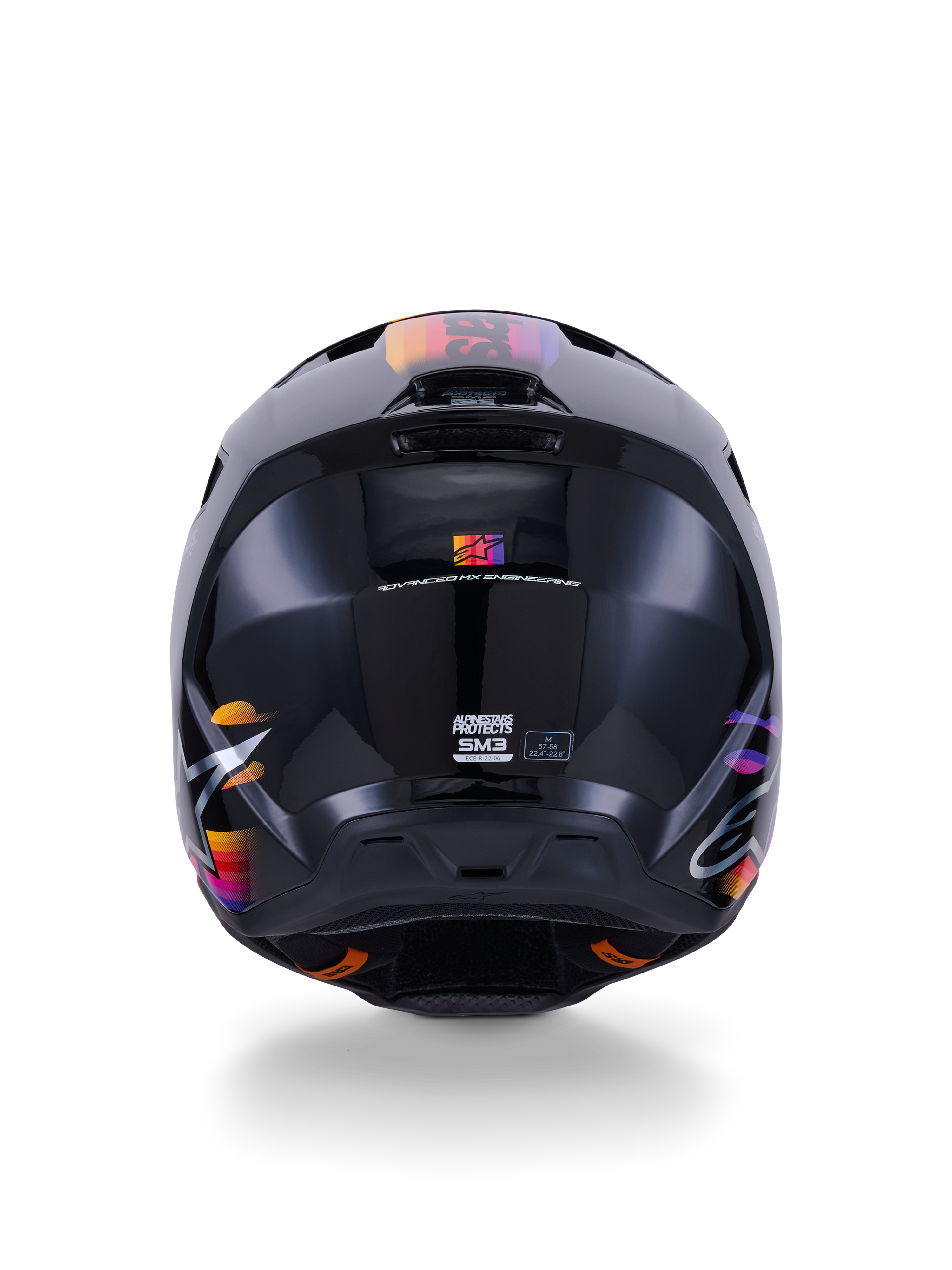 Alpinestars S-M3 Force OCD Helmet, Black Glossy Motocross Helmet, Rear View, featuring vibrant orange pink and purple graphics, ECE 22.06 certification mark, aerodynamic thermo-injected shell design