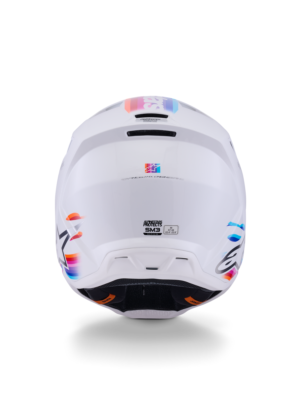 Alpinestars S-M3 Force OCD Helmet, Motocross Helmet, White Glossy, Rear view featuring multi-colored stripe accents in blue, orange, and pink, sleek thermo-injected shell with ventilation ports and Alpinestars branding, professional head protection for off-road riding