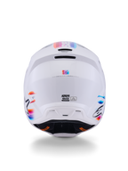 Alpinestars S-M3 Force OCD Helmet, Motocross Helmet, White Glossy, Rear view featuring multi-colored stripe accents in blue, orange, and pink, sleek thermo-injected shell with ventilation ports and Alpinestars branding, professional head protection for off-road riding