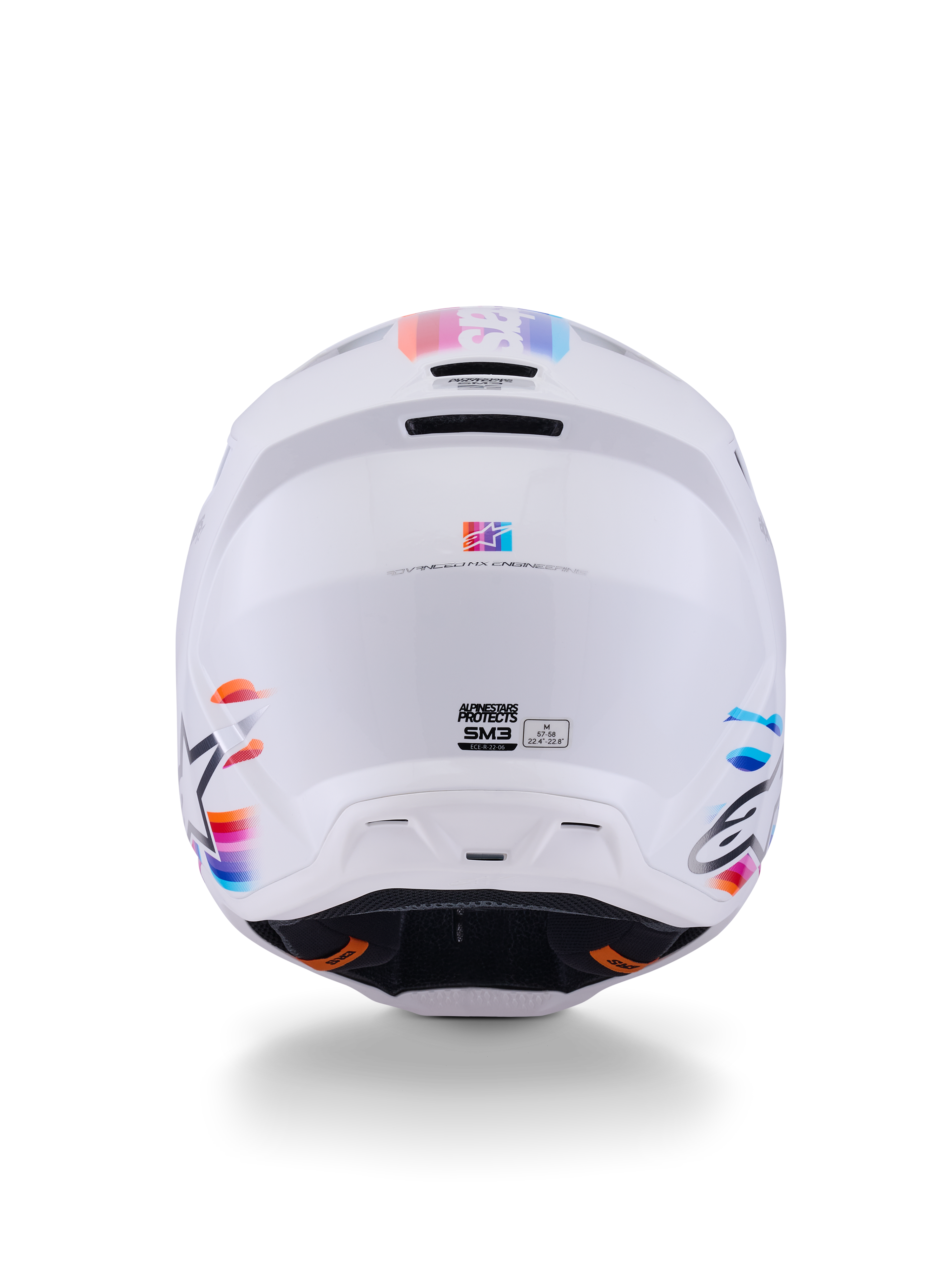 Alpinestars S-M3 Force OCD Helmet, Motocross Helmet, White Glossy, Rear view featuring multi-colored stripe accents in blue, orange, and pink, sleek thermo-injected shell with ventilation ports and Alpinestars branding, professional head protection for off-road riding