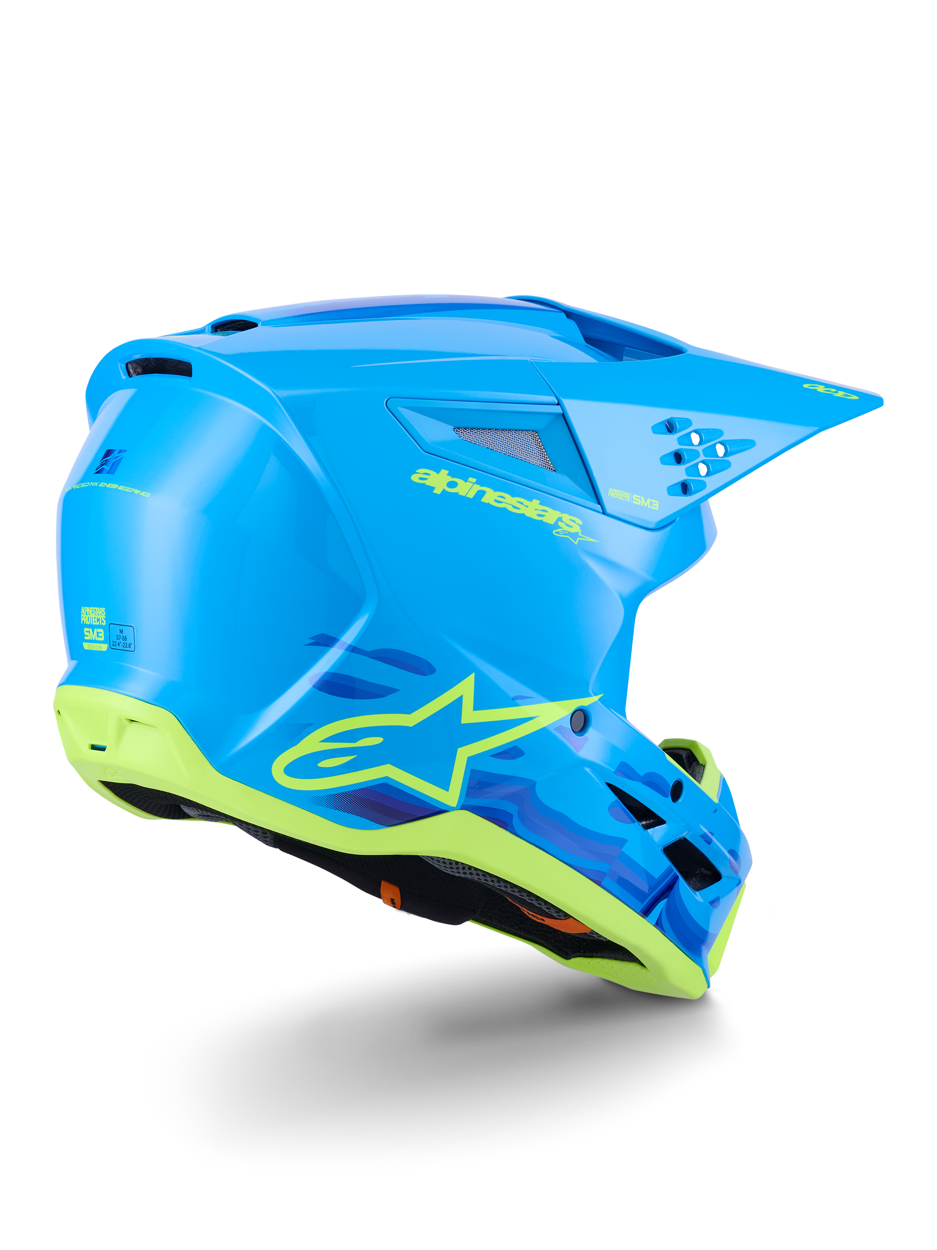 Alpinestars S-M3 Force OCD Helmet, Motocross Helmet, Cyan Glossy with black and white accents, featuring a sleek aerodynamic design, integrated ventilation ports, and a protective visor for off-road performance.