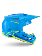 Alpinestars S-M3 Force OCD Helmet, Motocross Off-Road Helmet, Cyan Glossy with Neon Yellow details, ECE 22.06 Certified, aerodynamic shell with ventilation slits, pointed visor, and star logo graphics
