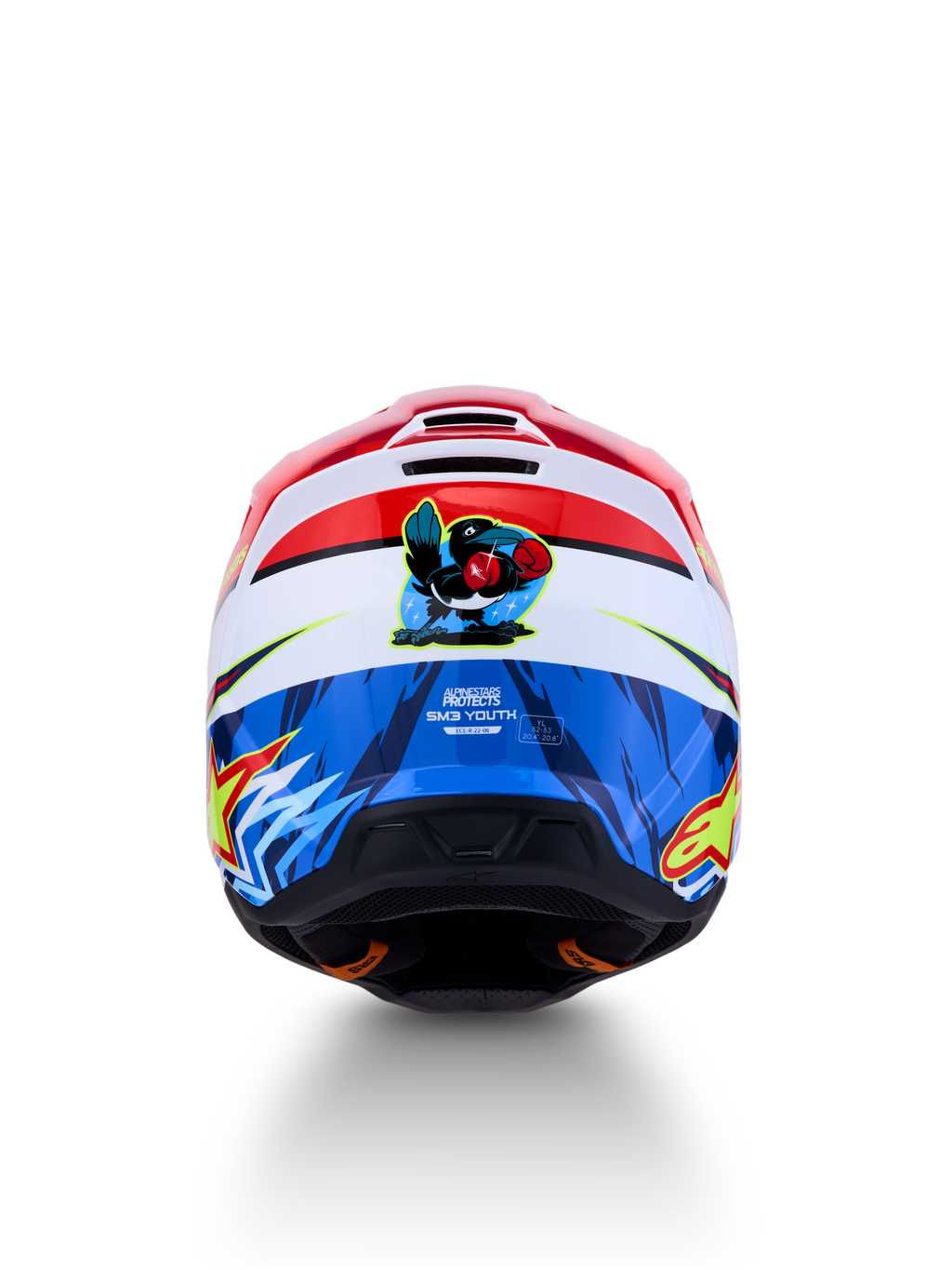 Alpinestars SM3 Falcon Youth Helmet, Red White and Blue motocross helmet, ECE 2206 certified with rear boxing falcon graphic.