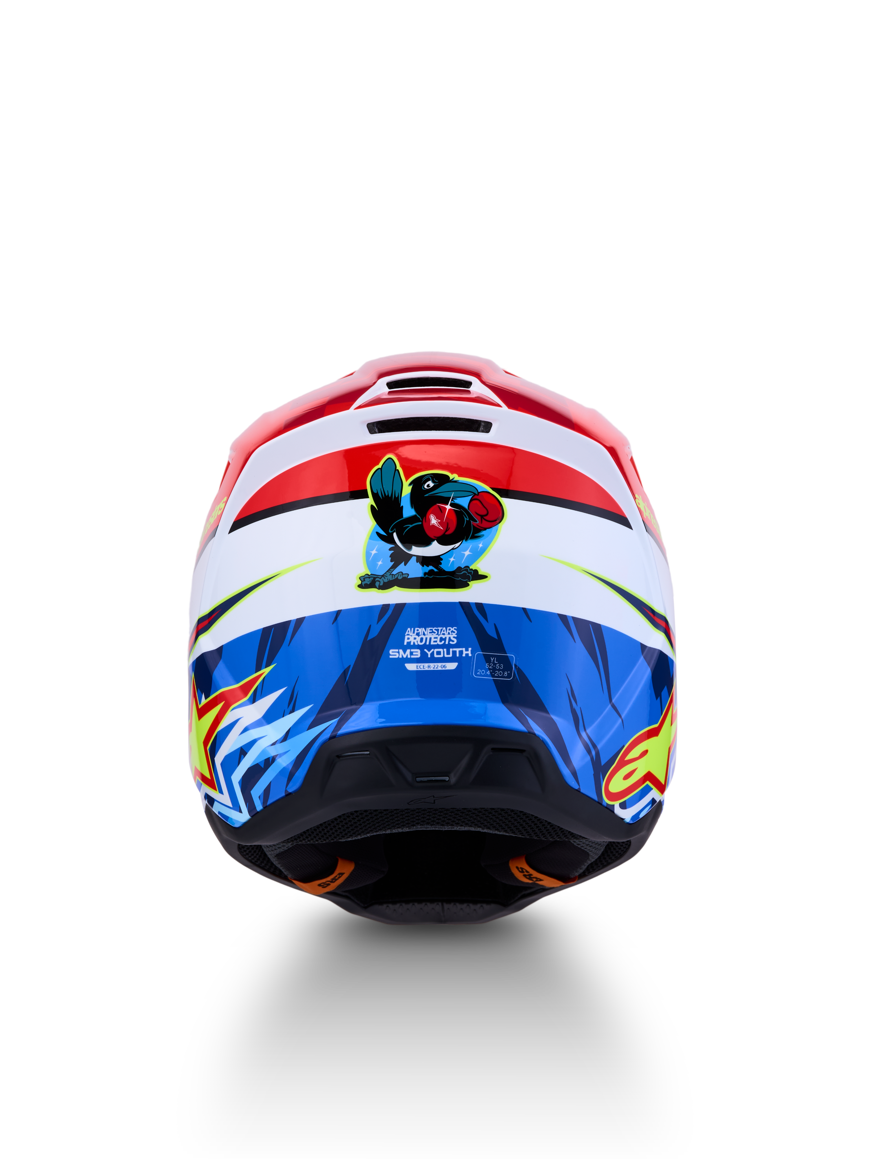 Alpinestars SM3 Falcon Youth Helmet, Red White and Blue motocross helmet, ECE 2206 certified with rear boxing falcon graphic.