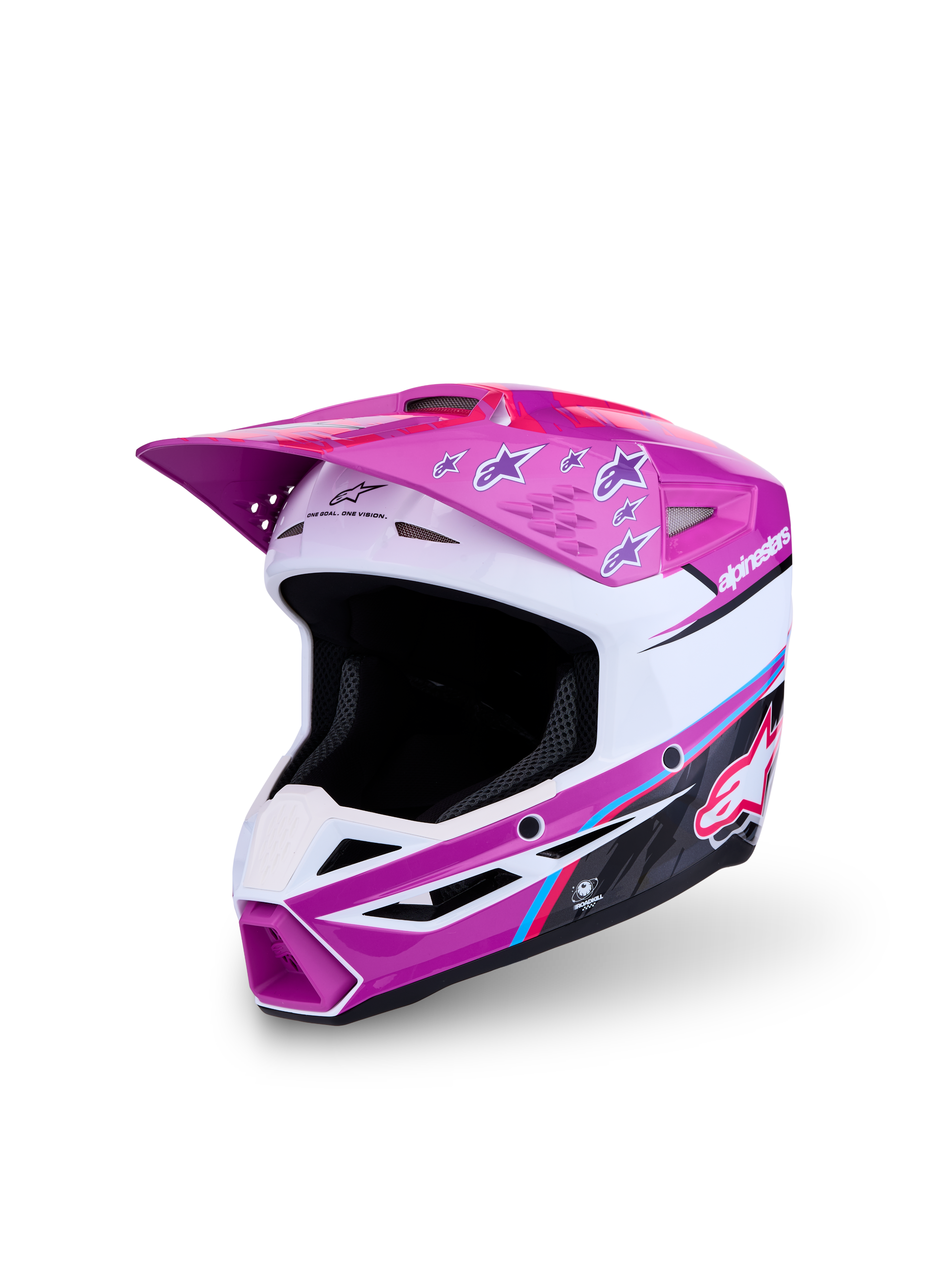 Alpinestars SM3 Youth Falcon Helmet, kids motocross racing gear, purple and white with pink accents, ECE 22.06 certified.