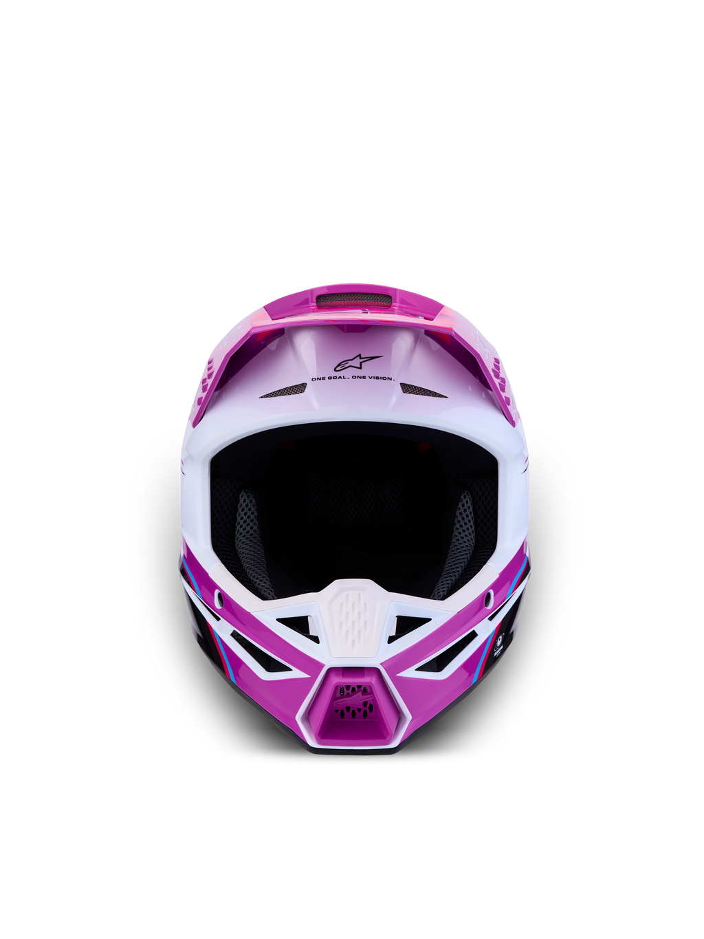 Alpinestars SM3 Youth Falcon Helmet ECE06, Youth Motocross Helmet in Purple and White, featuring a lightweight shell and advanced ventilation for off-road performance, Front View.