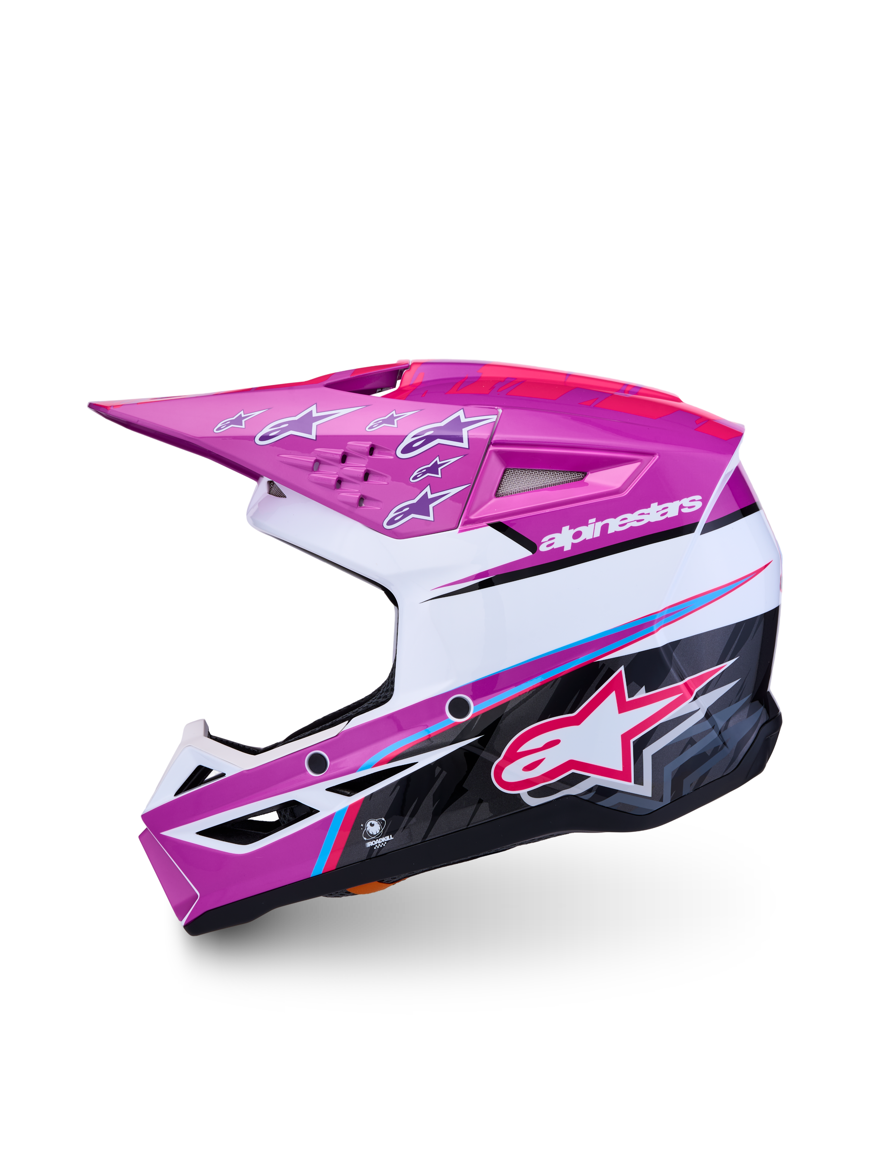 Alpinestars S-M3 Youth Falcon ECE 22.06, purple and white youth motocross helmet with pink fluo accents and lightweight shell.
