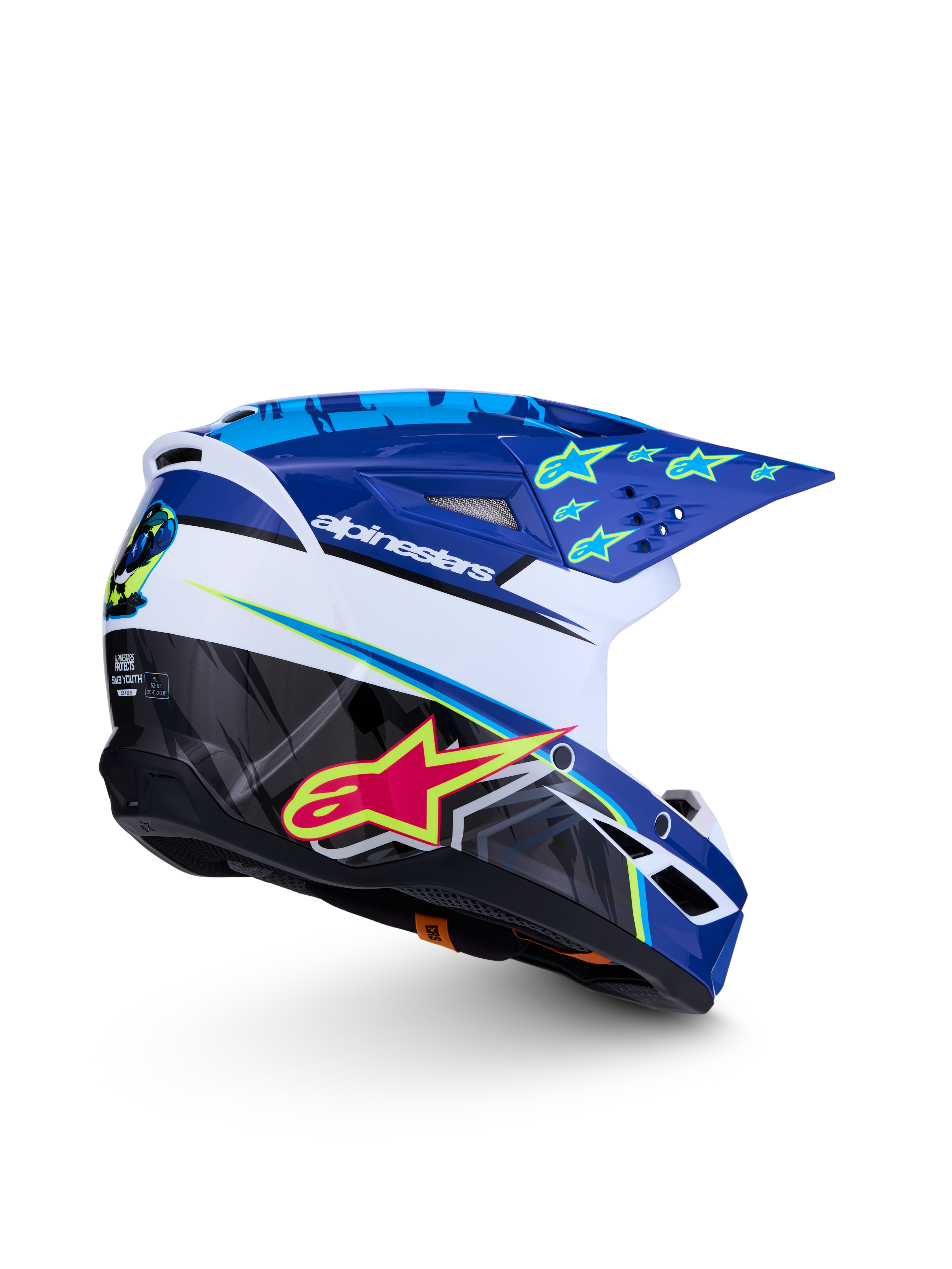 Alpinestars SM3 Youth Falcon Helmet ECE06, Blue and White Youth Motocross Helmet with Pink and Yellow graphics, ECE 22.06 certified.