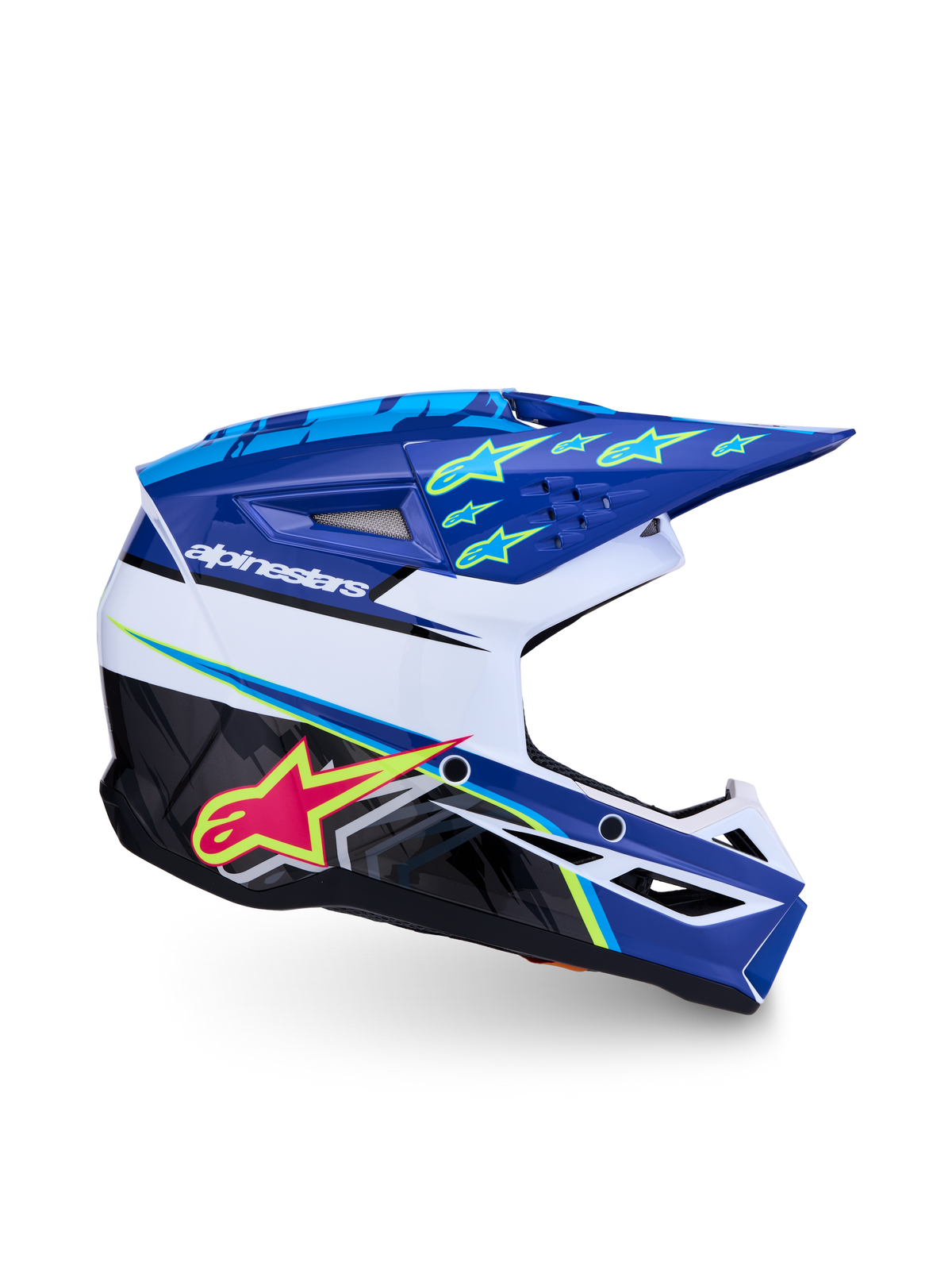 Alpinestars S-M3 Youth Falcon Motocross Helmet in blue and white with pink and fluo yellow accents, ECE 22.06 certified.