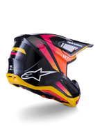Alpinestars S-M7 Rise Helmet, Motocross Helmet, Black Yellow and Pink Glossy, rear and side view featuring aerodynamic composite shell with vibrant gradients, bold branding and ventilation ports
