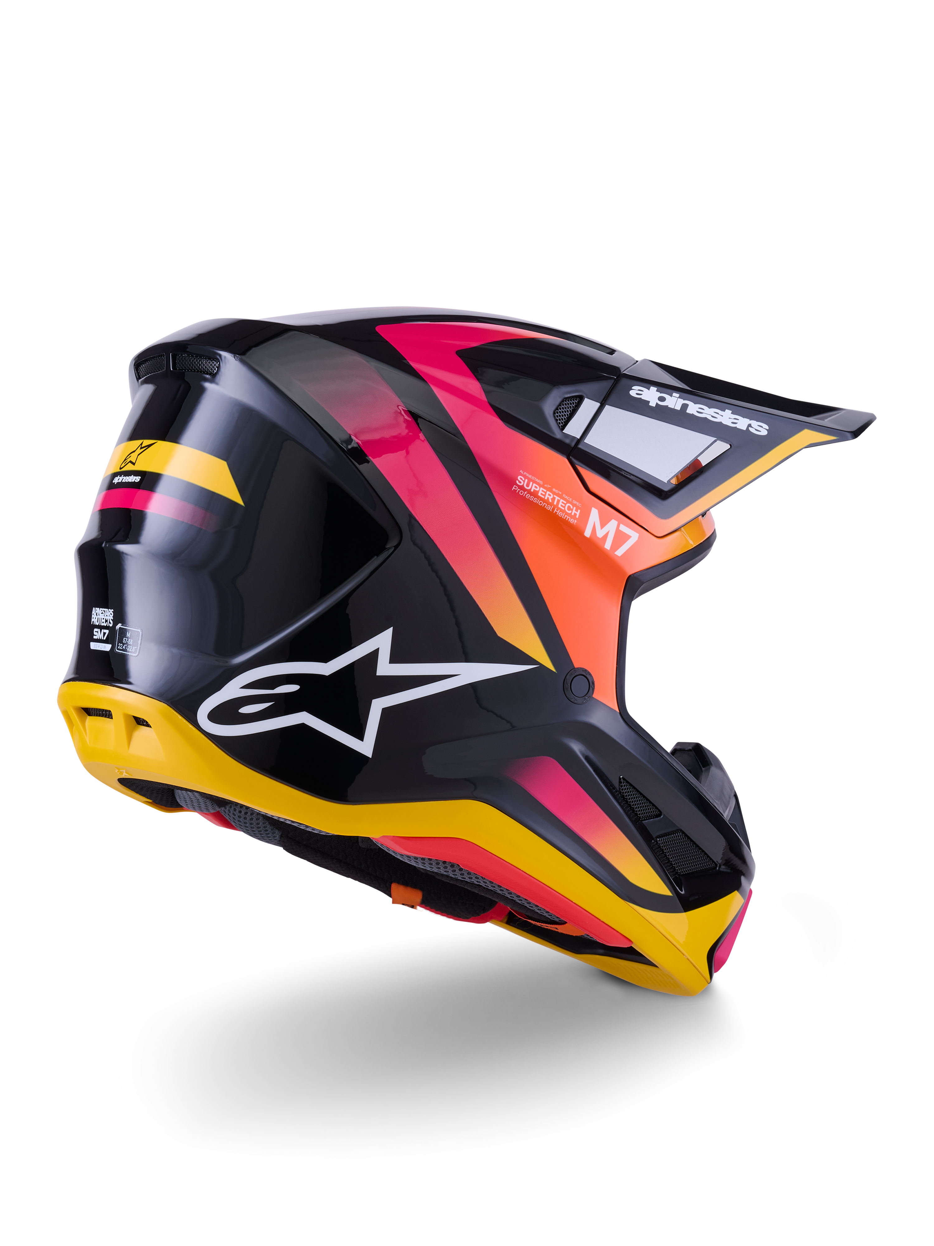 Alpinestars S-M7 Rise Helmet, Motocross Helmet, Black Yellow and Pink Glossy, rear and side view featuring aerodynamic composite shell with vibrant gradients, bold branding and ventilation ports