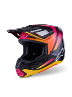Alpinestars S-M7 Rise Helmet, Motocross Helmet, Black Yellow and Pink Glossy, featuring an aerodynamic composite shell with vibrant gradient graphics, white Alpinestars logos, and multiple ventilation ports for off-road racing.