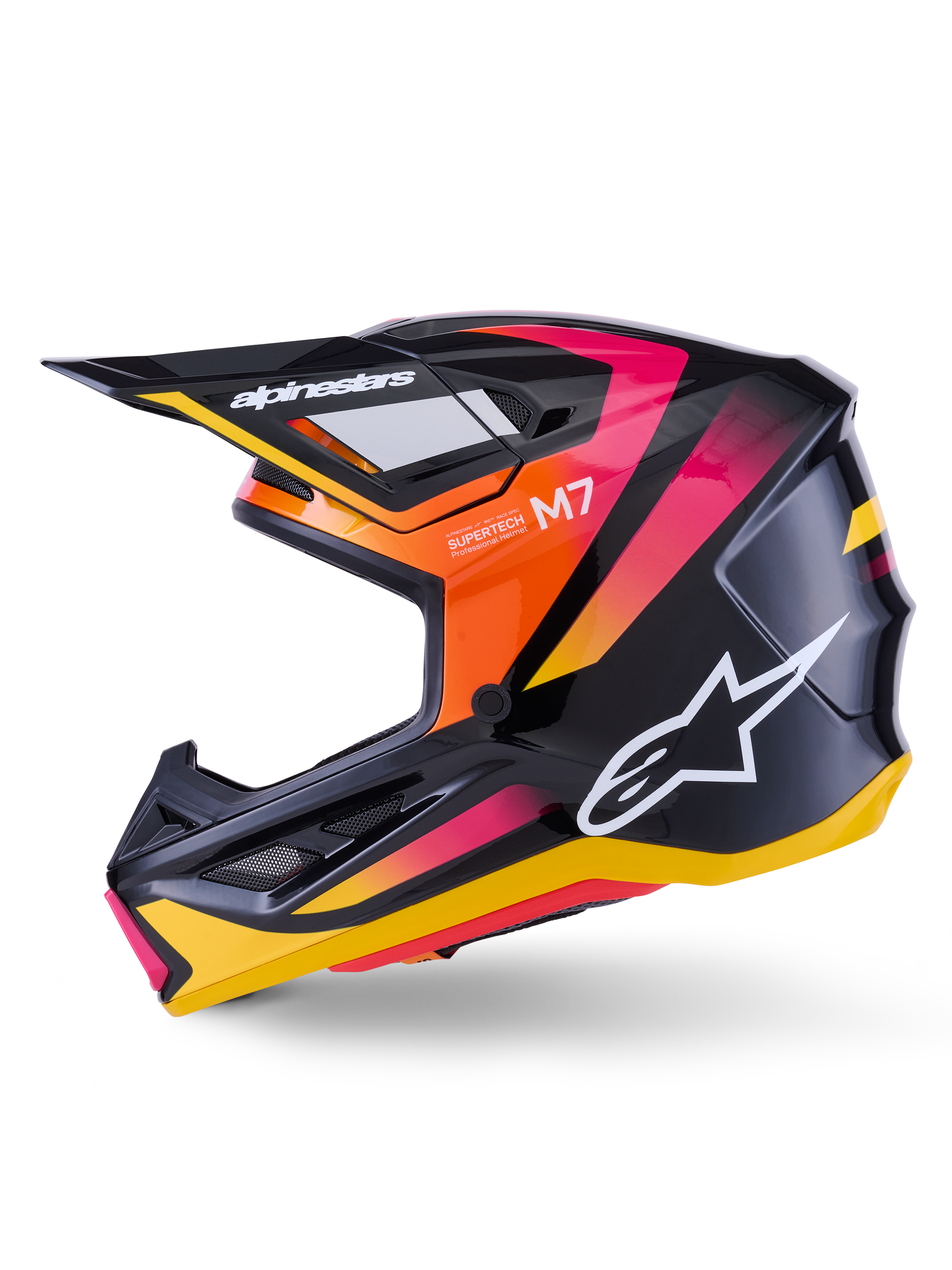 Alpinestars S-M7 Rise Helmet, Motocross Helmet, Black Yellow and Pink Glossy, side profile showing vibrant orange and pink gradient accents, white Alpinestars logo, sleek aerodynamic design with a black visor, professional head protection for off-road racing