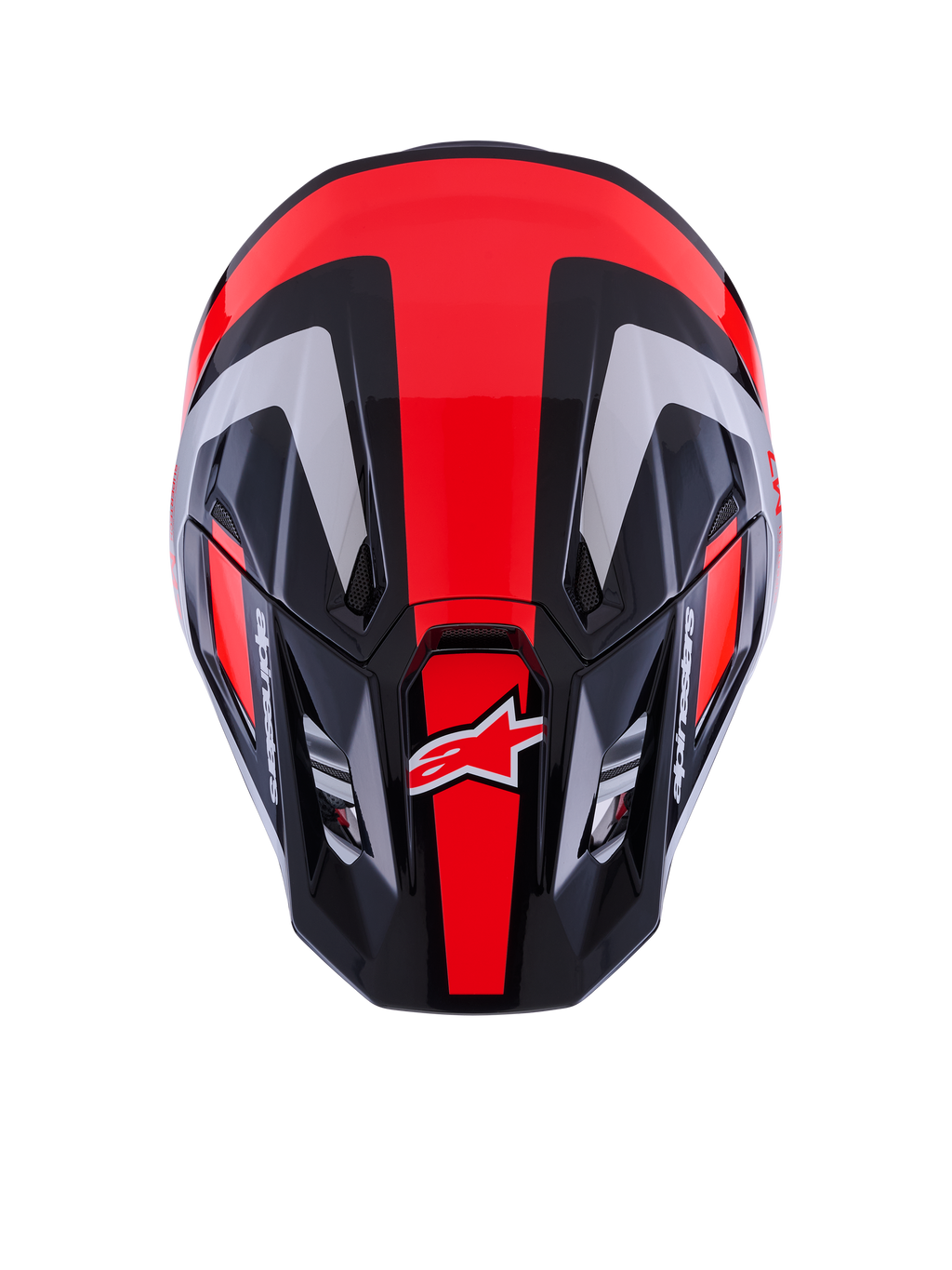 Alpinestars S-M7 Rise Helmet ECE 22.06, Motocross Helmet, Black Silver and Red Fluo Glossy, top-down view showing aerodynamic shell with ventilation ports, featuring red fluorescent stripes and Alpinestars branding, professional gear for off-road racing