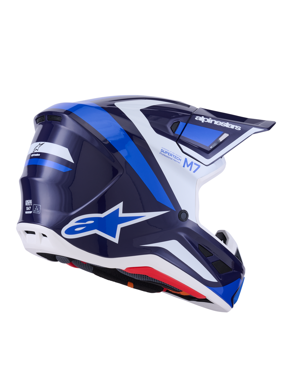 Alpinestars S-M7 Rise Helmet, Motocross Helmet, Blue White Glossy, navy and bright blue graphics with white accents, Alpinestars logos on the side and back, aerodynamic shell design with ventilation ports, professional off-road racing gear