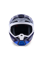 Alpinestars S-M7 Rise Helmet, Blue White Glossy, front-facing view, off-road motocross helmet featuring multiple ventilation ports, Astars logo on forehead, aerodynamic composite shell design