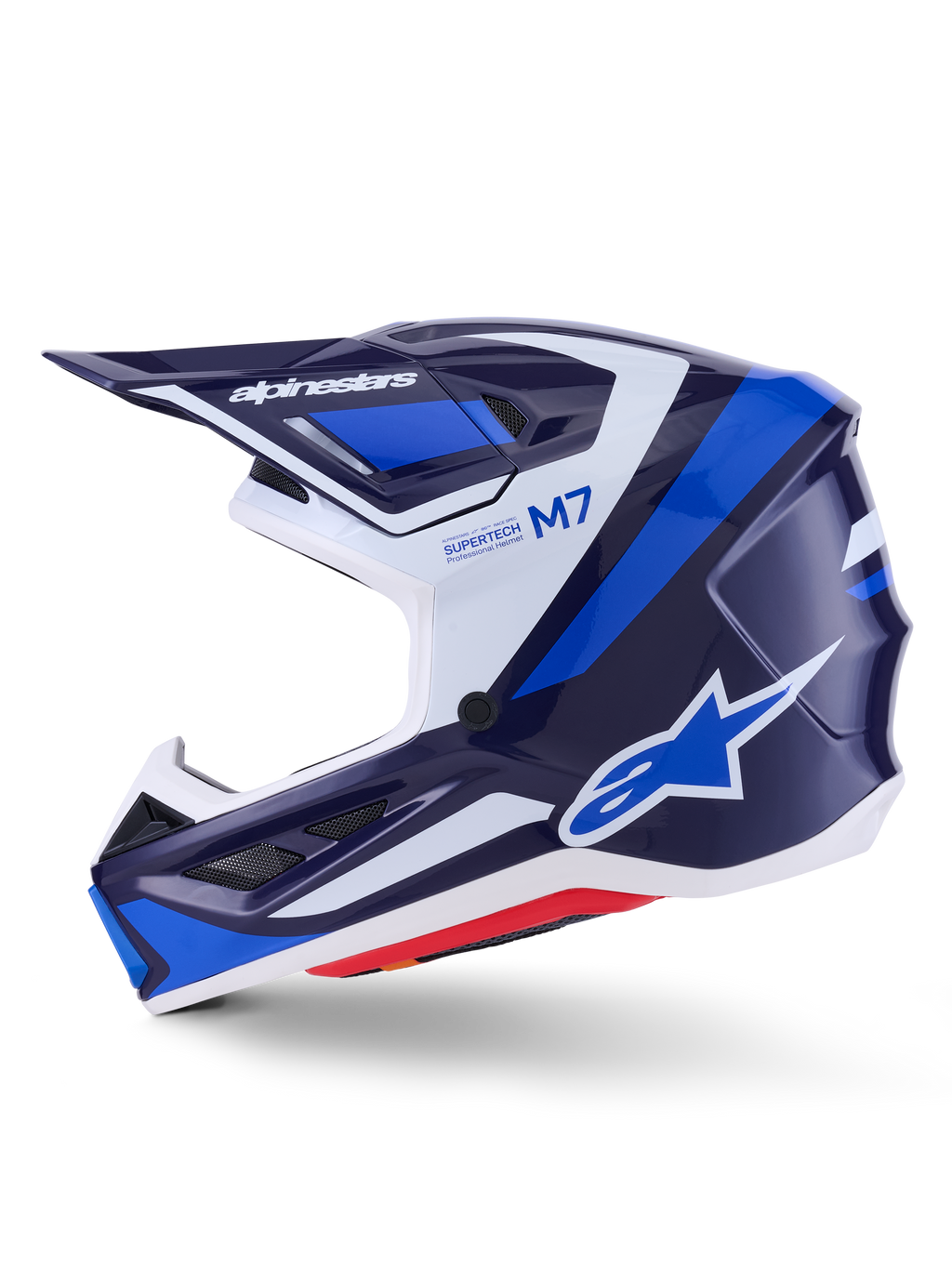 Alpinestars S-M7 Rise Helmet, Motocross Helmet, Blue White and Navy Glossy, side profile view featuring Alpinestars branding on the visor and side, M7 and Supertech text, aerodynamic shell with ventilation ports, glossy finish for off-road performance.