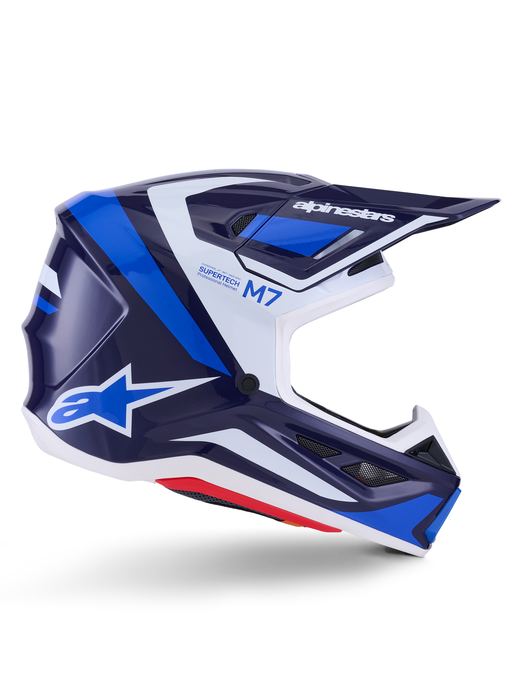 Alpinestars S-M7 Rise Helmet, Motocross Racing Helmet, Blue and White Glossy, side profile featuring an aerodynamic composite shell, ventilated visor, and angular design with bold branding, professional off-road protection