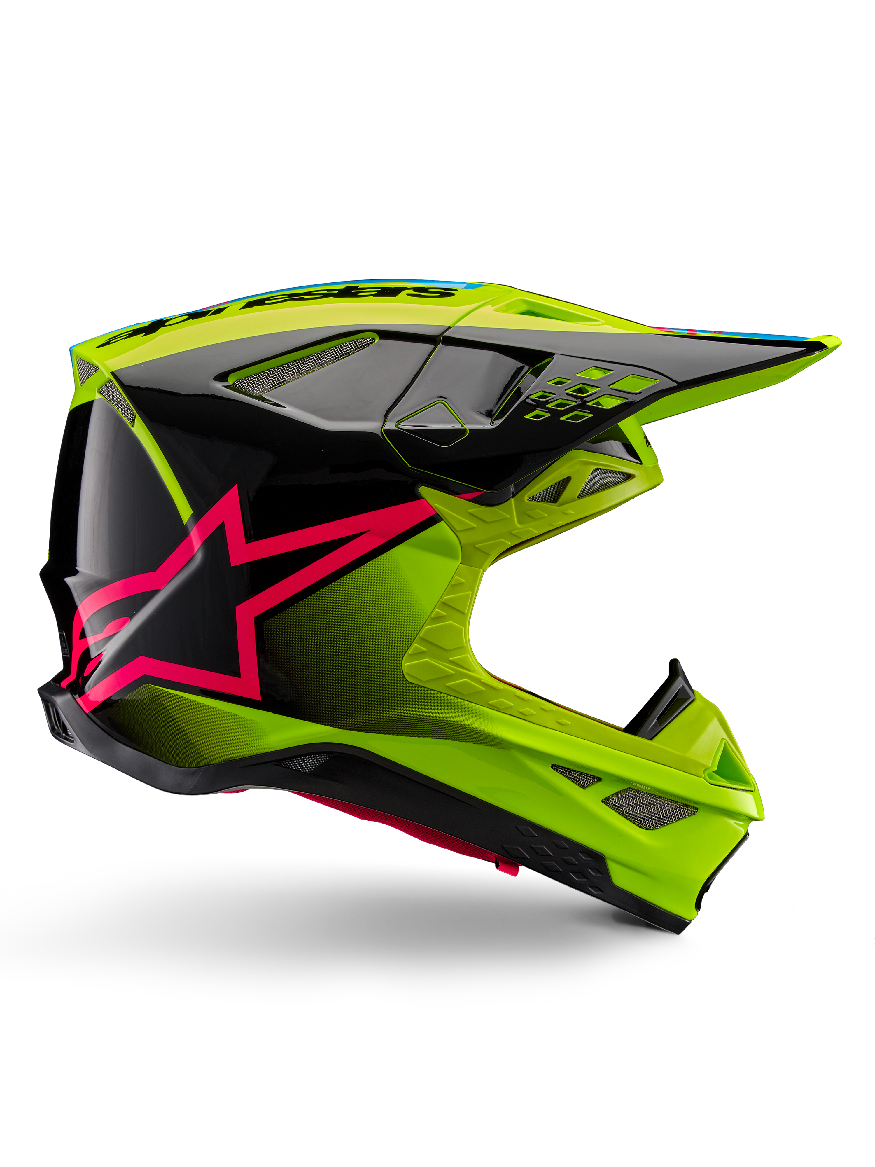 Alpinestars Supertech M10 Unite Helmet, Motocross Racing Helmet, Yellow Fluo and Black with Diva Pink Star Graphics, glossy aerodynamic design with multiple ventilation ports, ECE 22.06 certified