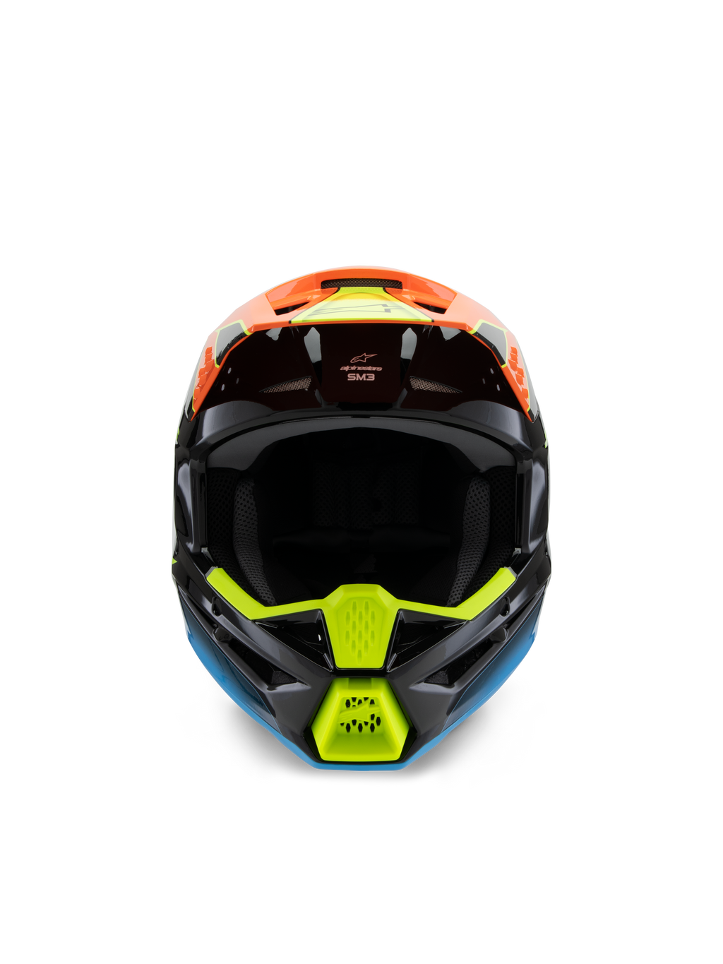 Alpinestars S-M3 Youth Fray Helmet, Front view of a black motocross helmet featuring vibrant orange, yellow fluo, and blue graphics, designed for youth off-road racing