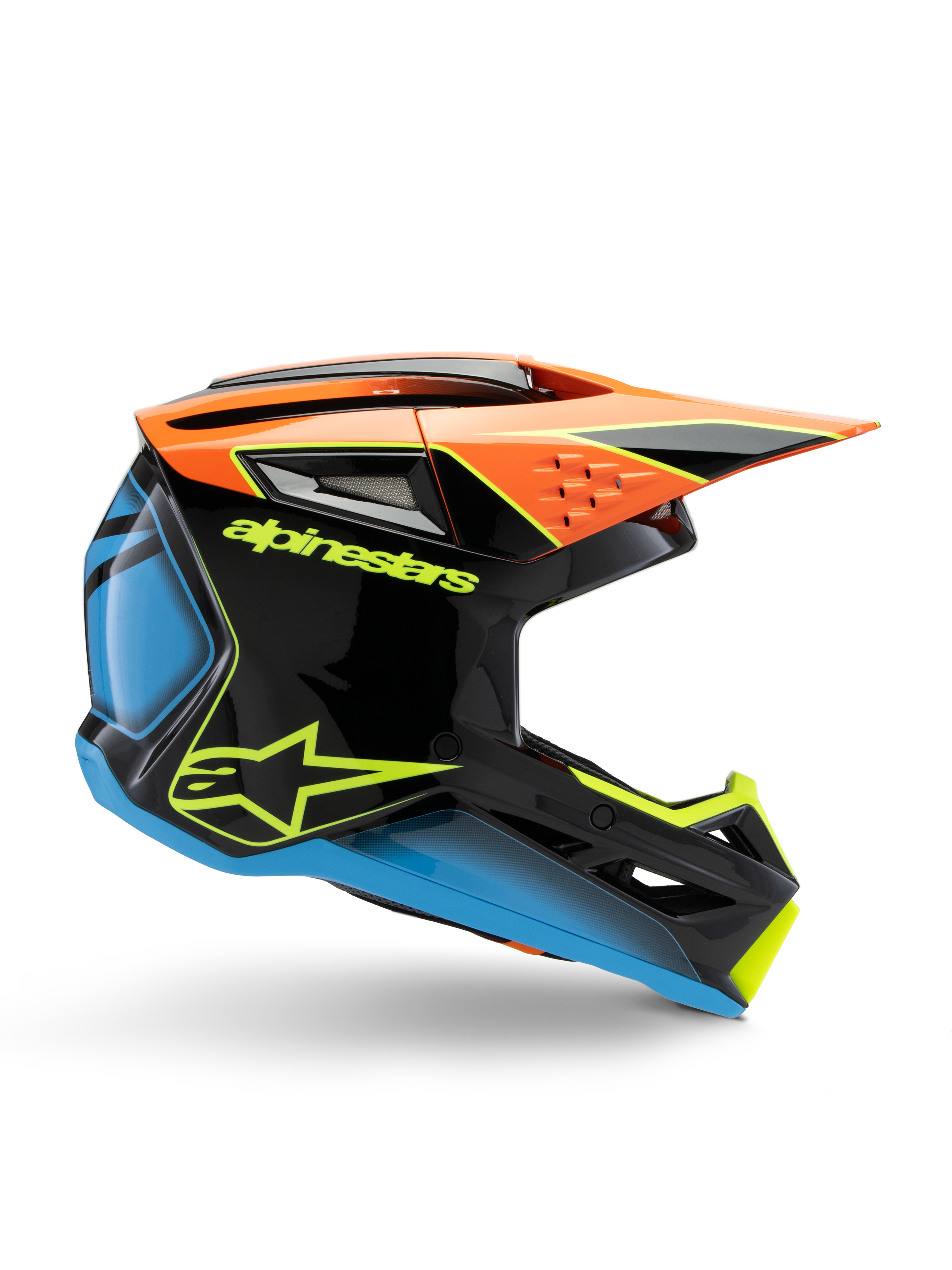 Alpinestars S-M3 Youth Fray Helmet, Motocross Helmet, Black with Orange, Blue, and Fluorescent Yellow accents, side profile view showing aerodynamic design, air vents, and sharp visor, glossy finish with bold yellow branding.