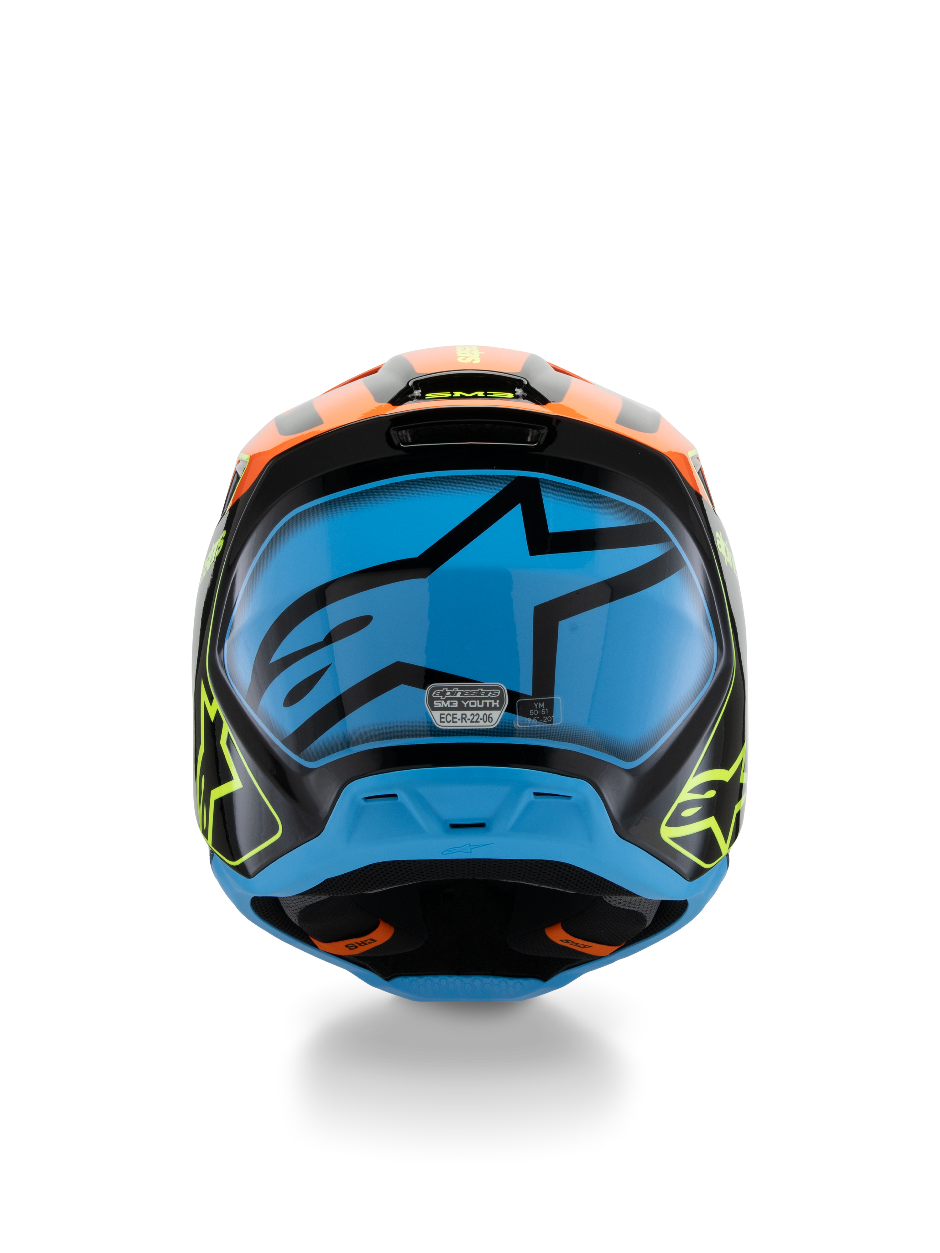 Alpinestars S-M3 Youth Fray Helmet, Motocross Helmet, Black with Orange and Fluorescent Yellow accents and a large Blue graphic on the back, rear view showing ventilation ports and ECE 22.06 certification label, designed for youth off-road performance.