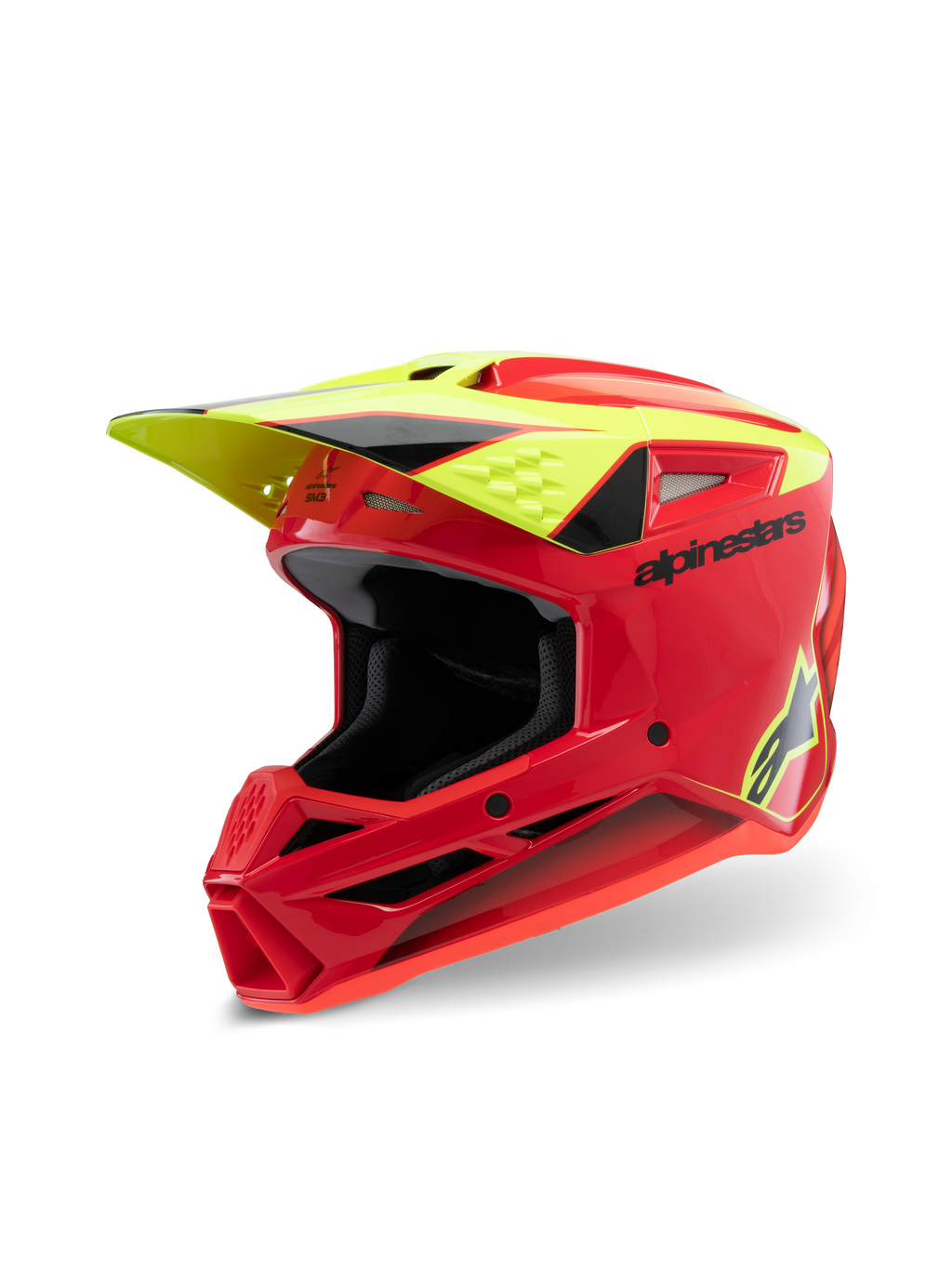 Alpinestars S-M3 Youth Fray Helmet, Motocross Helmet, Red Yellow Fluo and Black Glossy, featuring aggressive aerodynamic design, protective visor, and multiple ventilation ports for off-road performance.