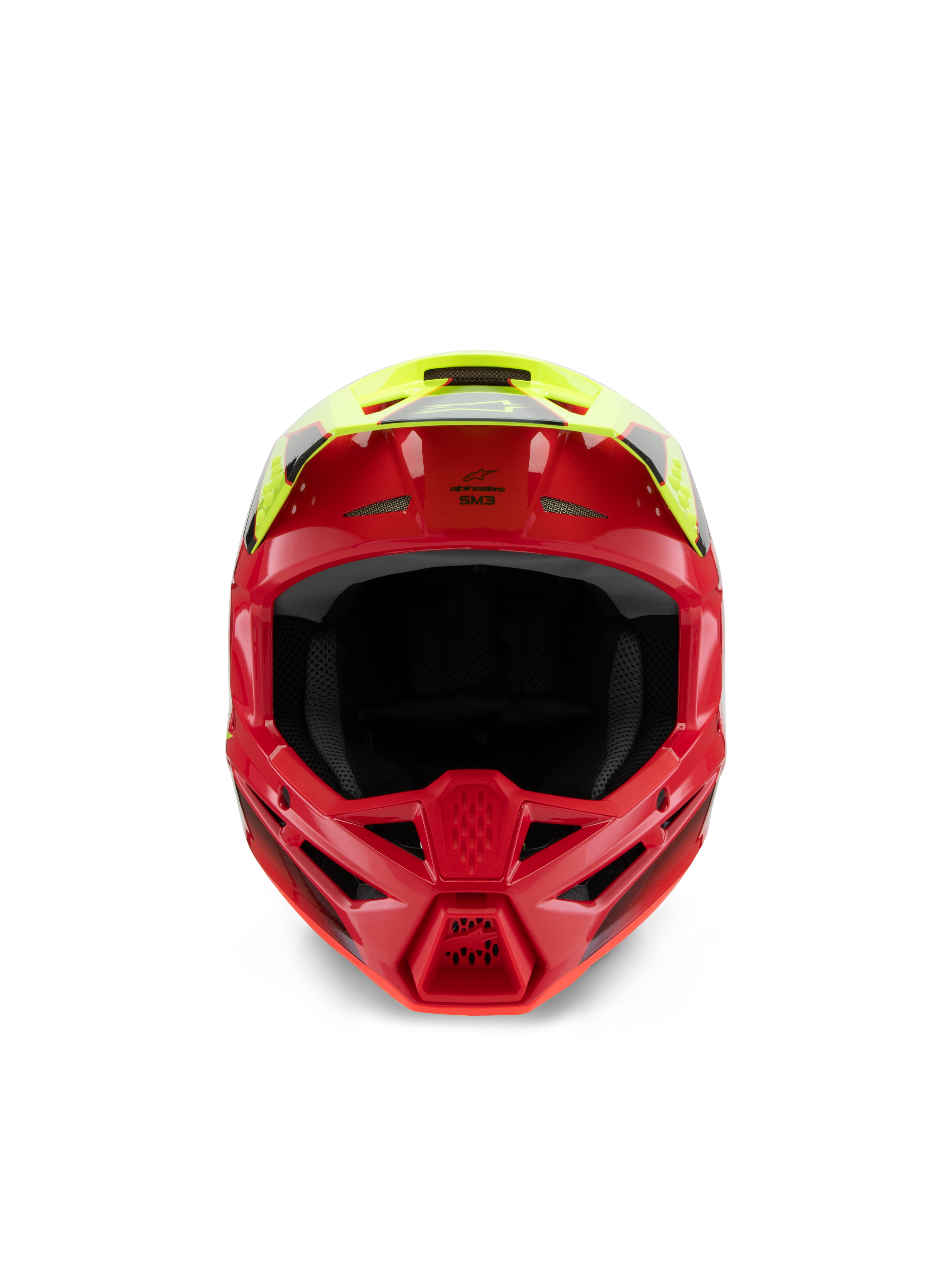 Alpinestars S-M3 Youth Fray Helmet, Motocross Helmet, Red and Yellow Fluo Glossy, front view highlighting ventilation intakes and aggressive chin bar, specialized off-road head protection for youth riders