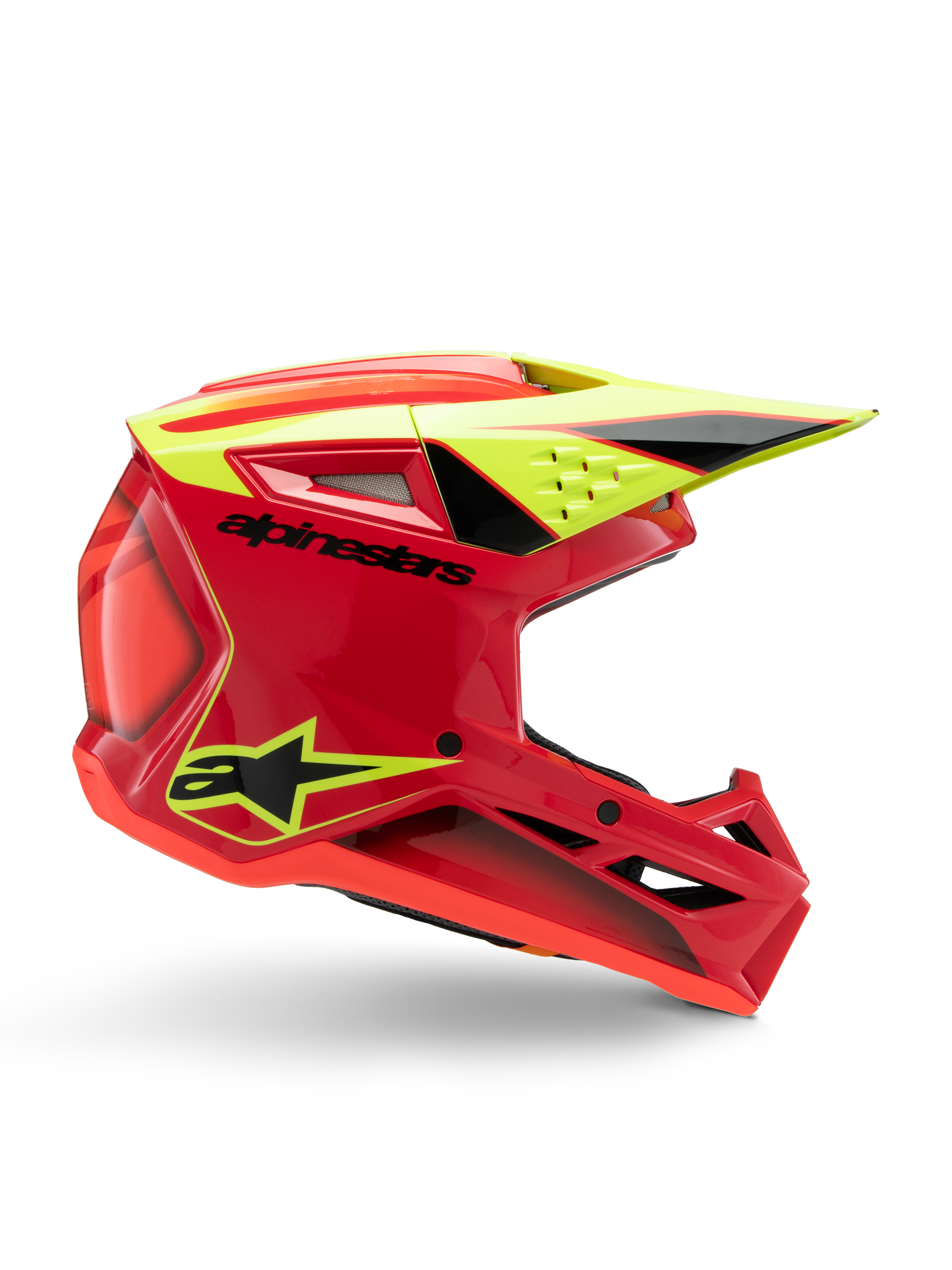 Alpinestars S-M3 Youth Fray Helmet, Motocross Helmet, Red Yellow Fluo and Black Glossy, side profile view showing a sleek aerodynamic design with integrated visor and prominent air vents, bold black branding on a vibrant red shell, optimized for youth off-road performance