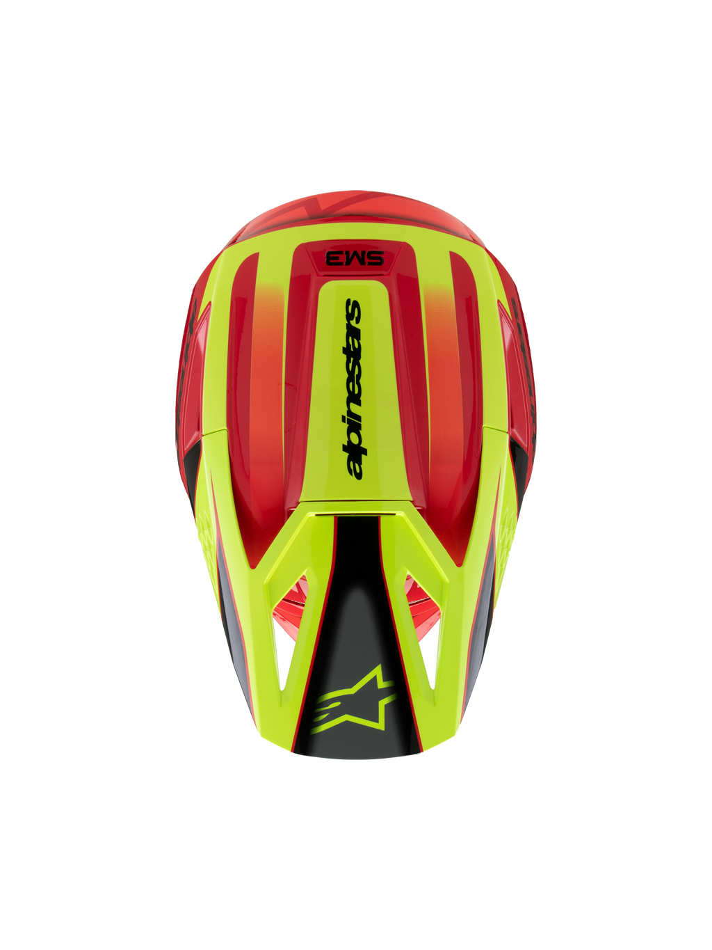 Alpinestars S-M3 Youth Fray Helmet, Motocross Helmet, Red and Fluorescent Yellow with Black Glossy finish, top view showing aerodynamic shell and Alpinestars logo on the visor