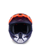 Alpinestars S-M7 Core Helmet, Motocross Helmet, Orange and Blue Matt, frontal view with white accents on the chin guard, featuring "One Goal - One Vision" branding, aerodynamic shell for off-road racing