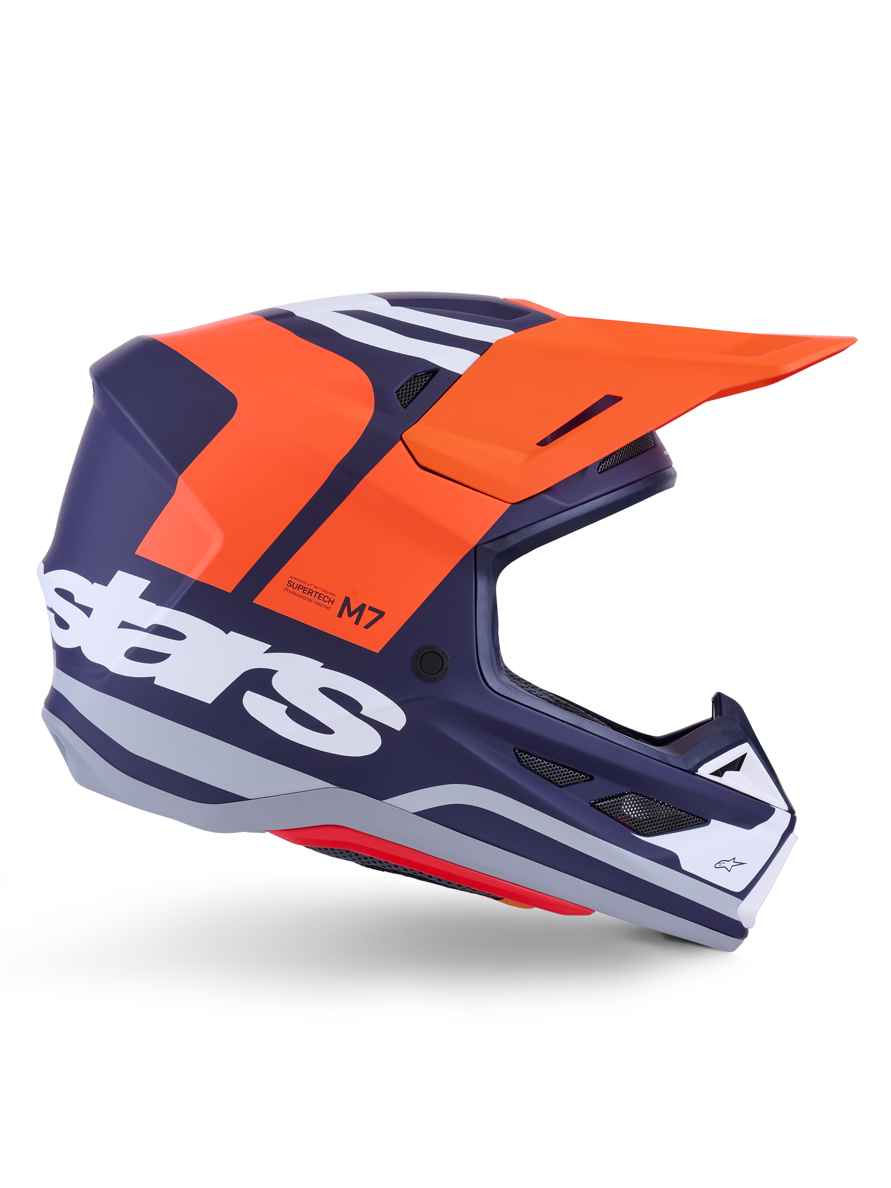 Alpinestars S-M7 Core Helmet ECE 22.06, Motocross Racing Helmet, Matte Dark Blue with Vibrant Orange and White Accents, Orange Visor, Aerodynamic Profile with Mesh Ventilation Ports, ECE 22.06 Certified