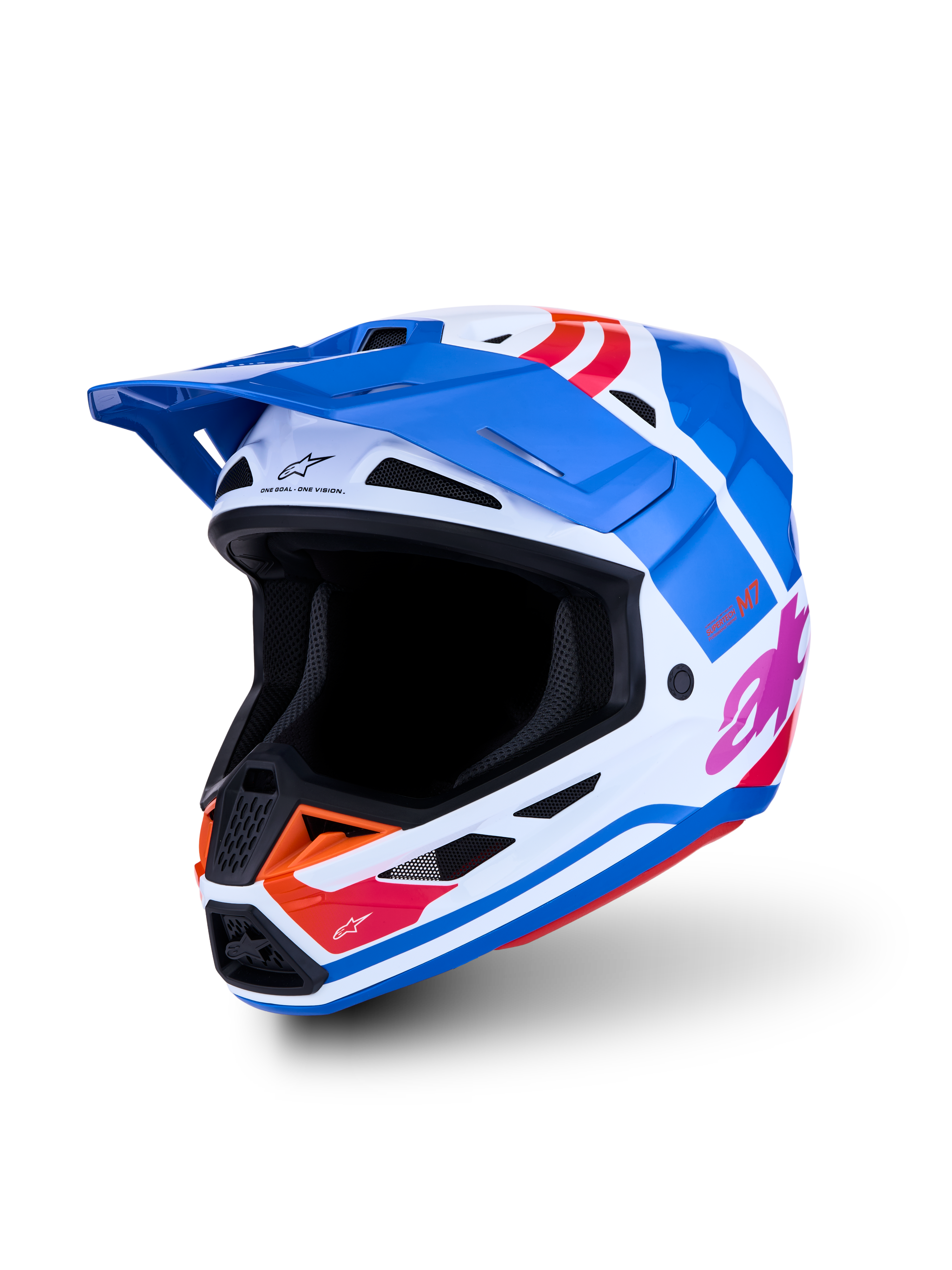 Alpinestars S-M7 Core Helmet ECE06, blue and white motocross helmet with glossy orange and pink graphics, ECE certified.