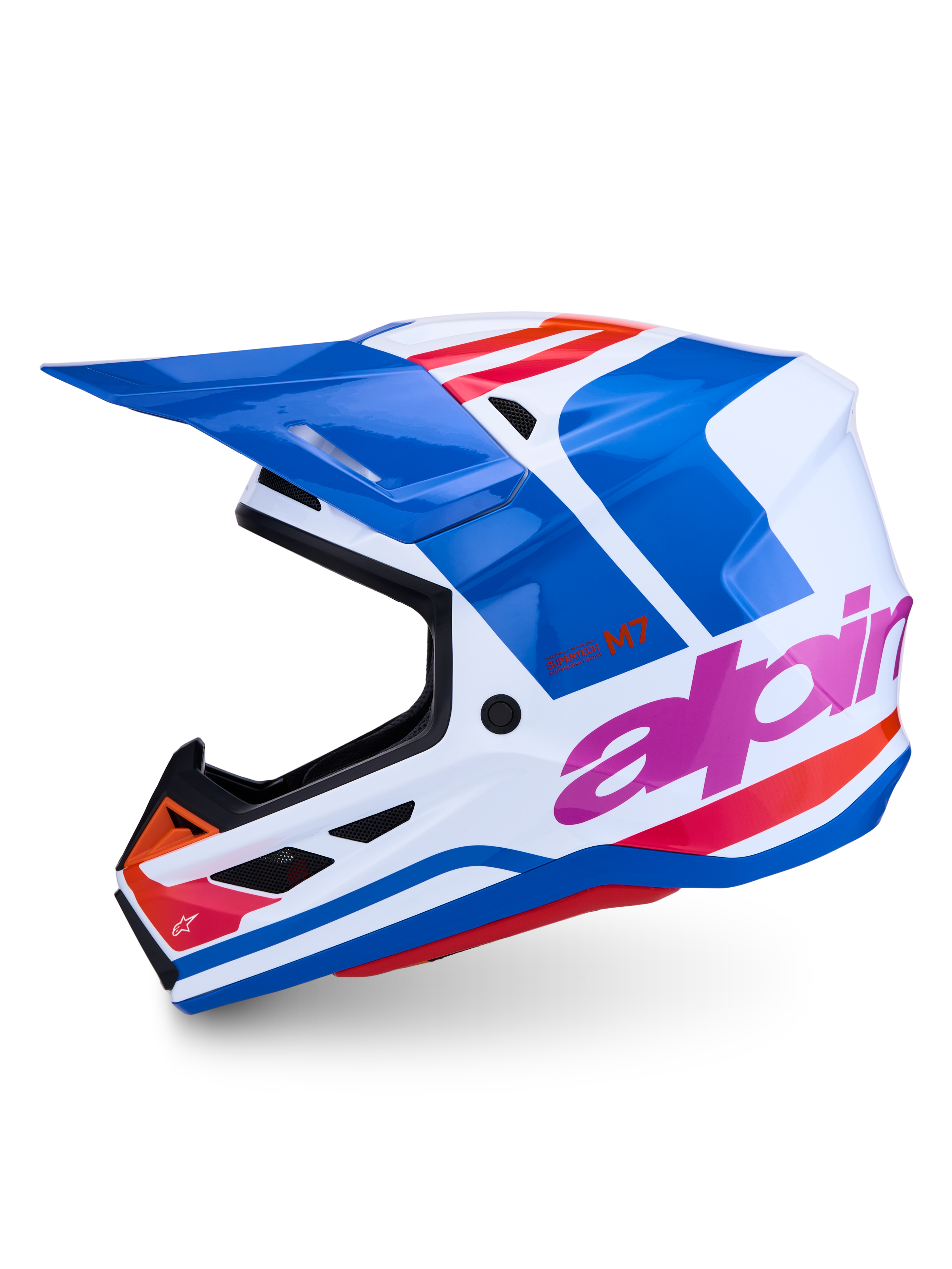 Alpinestars S-M7 Core Motocross Helmet, ECE 22.06 certified, white and blue glossy finish with pink and orange details.