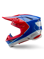 Alpinestars Supertech M10 Aeon ECE 22.06 Helmet, Motocross Helmet, Bright Red Blue Glossy, side profile view, aerodynamic multi-composite shell with integrated ventilation ports and red and blue graphic design, glossy finish for off-road racing