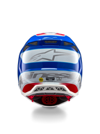 Alpinestars Supertech M10 Aeon ECE 22.06 Helmet, Motocross Helmet, Rear View, Bright Red Blue Glossy finish, large silver Alpinestars logo, multiple ventilation ports, MIPS and ECE safety stickers, professional racing protection