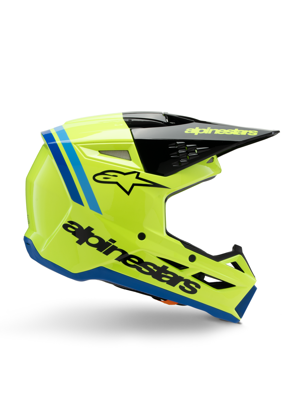 Alpinestars S-M3 Youth Radium Helmet, Motocross Youth Helmet, Bright Fluo Yellow with Black and Blue accents, side view showcasing aerodynamic design, black peak with yellow logo, bold black branding on the side, ECE 22.06 certified protection for off-road racing