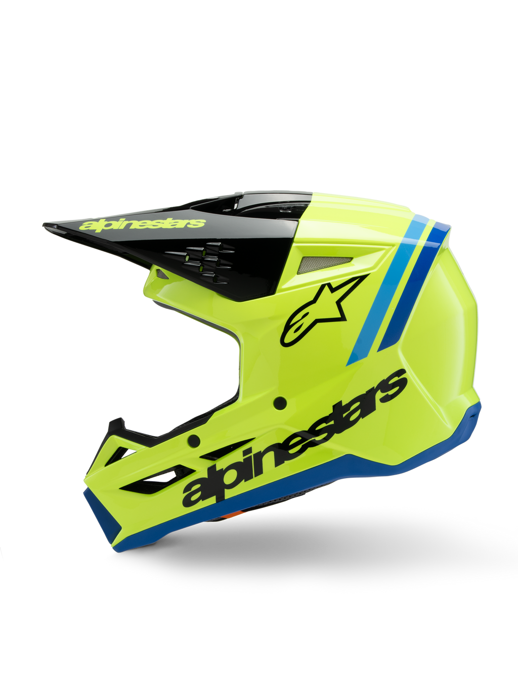 Alpinestars S-M3 Youth Radium Helmet, Motocross Helmet, Bright Fluorescent Yellow with Blue and Black accents, featuring bold Alpinestars branding, sleek aerodynamic profile for youth off-road racing