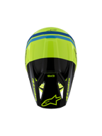 Alpinestars S-M3 Youth Radium Helmet ECE 22.06, Motocross Helmet, Yellow Fluo Black and Blue, top-down view showing aerodynamic shell, SM3 branding on the black visor, and bold Alpinestars logos